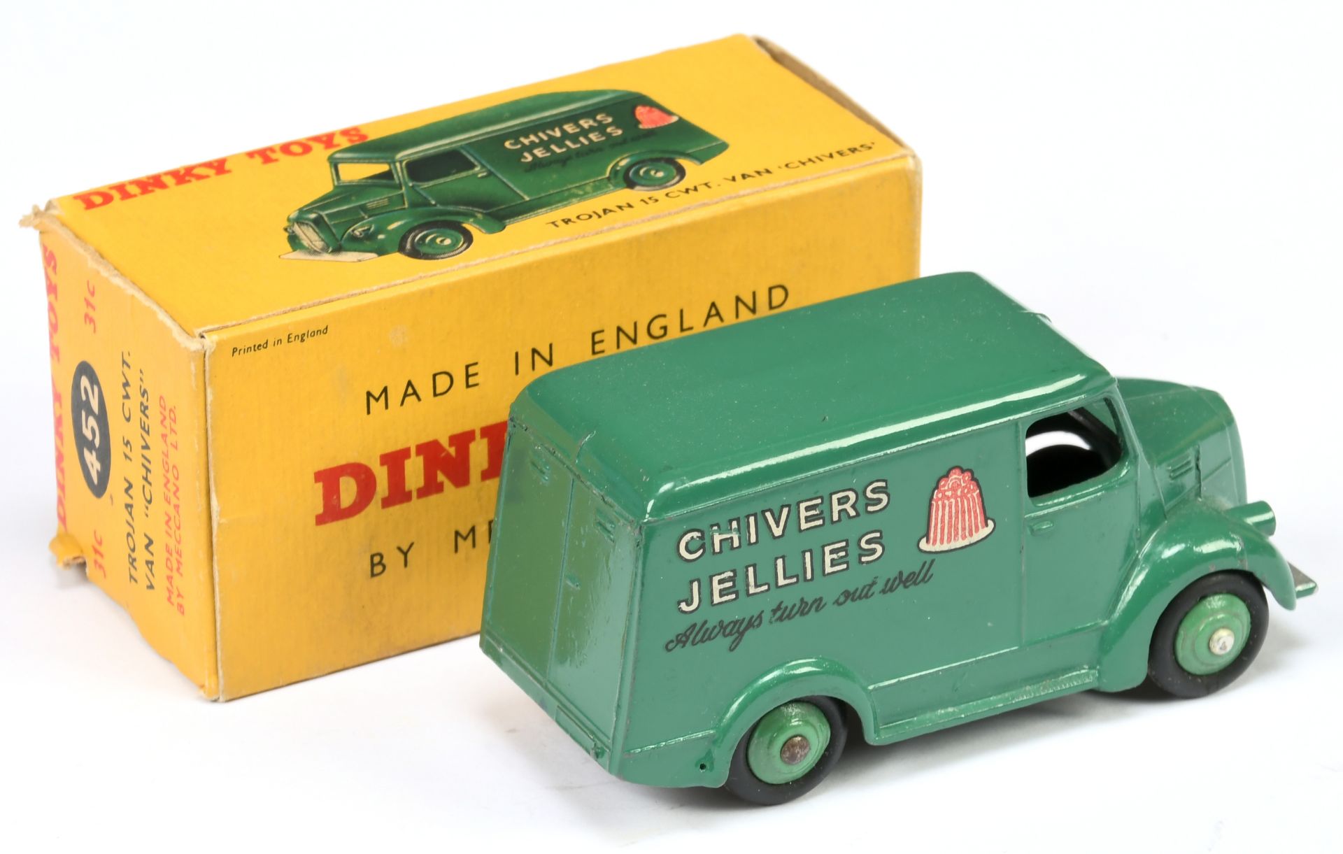 Dinky Toys 452 (31C) Trojan van "Chivers Jellies" - Green body, mid-green rigid hubs with smooth ... - Bild 2 aus 2