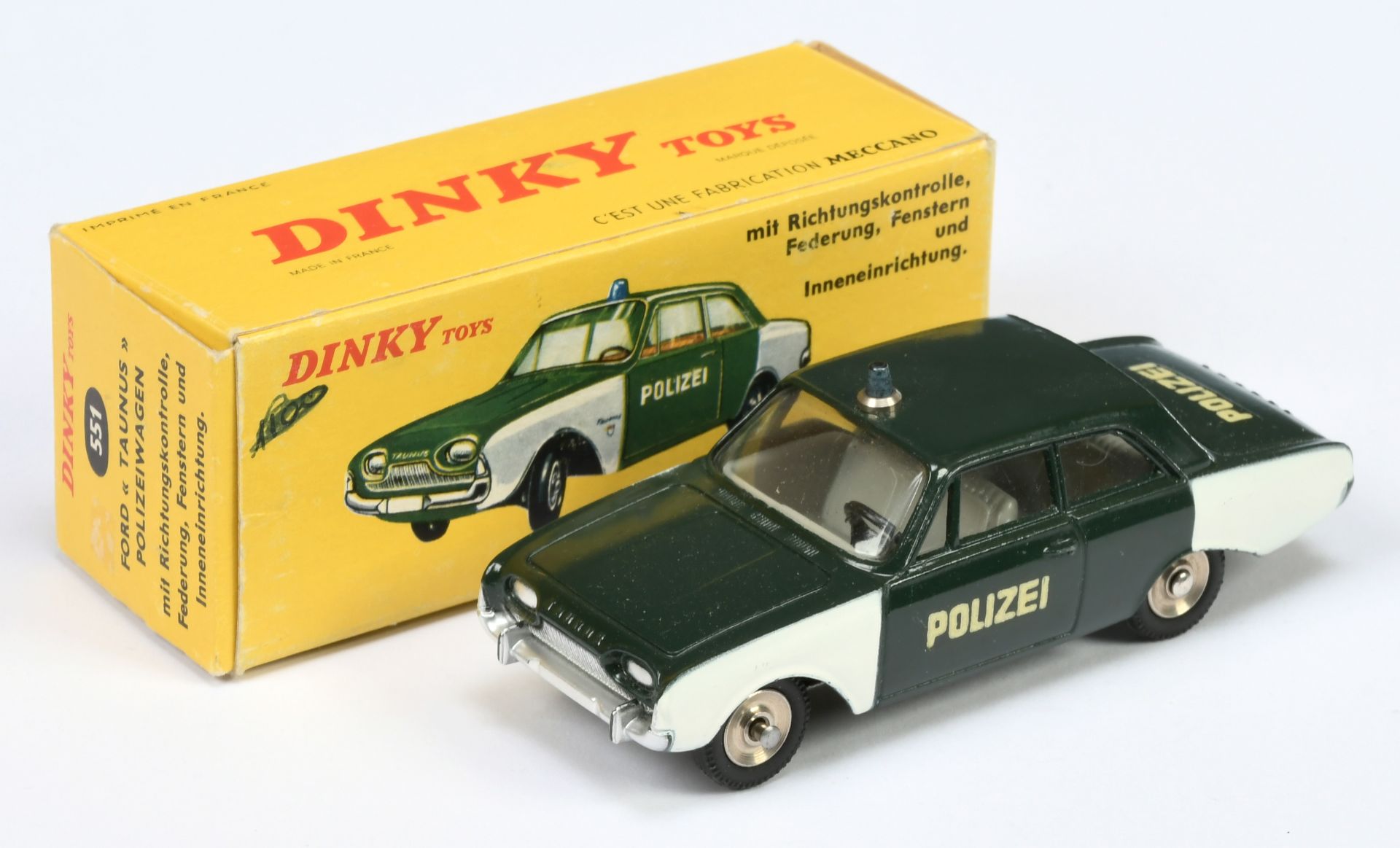 French Dinky Toys 551 Ford Taunus "Polizei" Car - Green and white, grey interior, blue roof light...