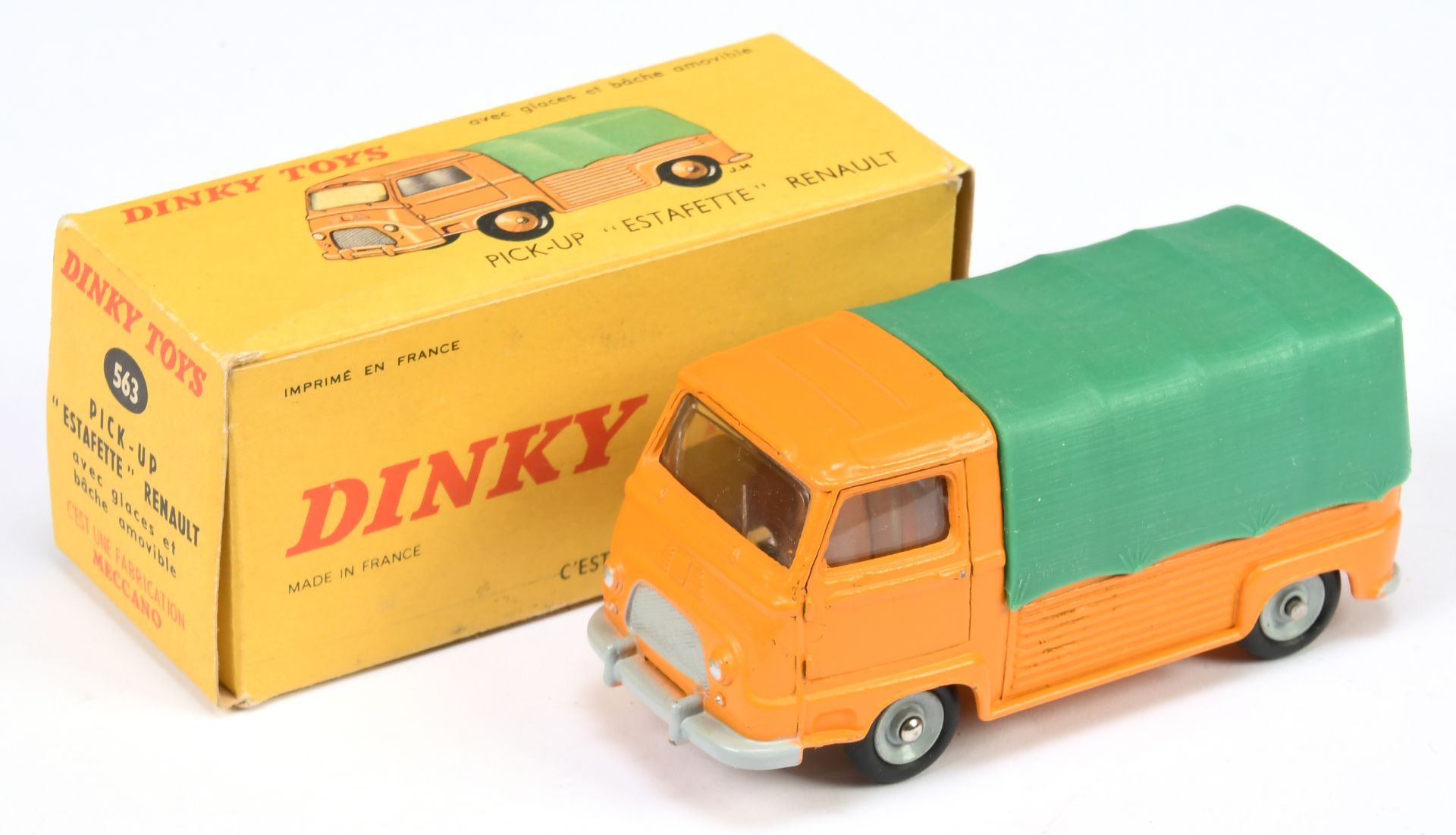 French Dinky Toys 563 Renault Estafette Pick-Up - Orange cab and back, green plastic canopy, grey...