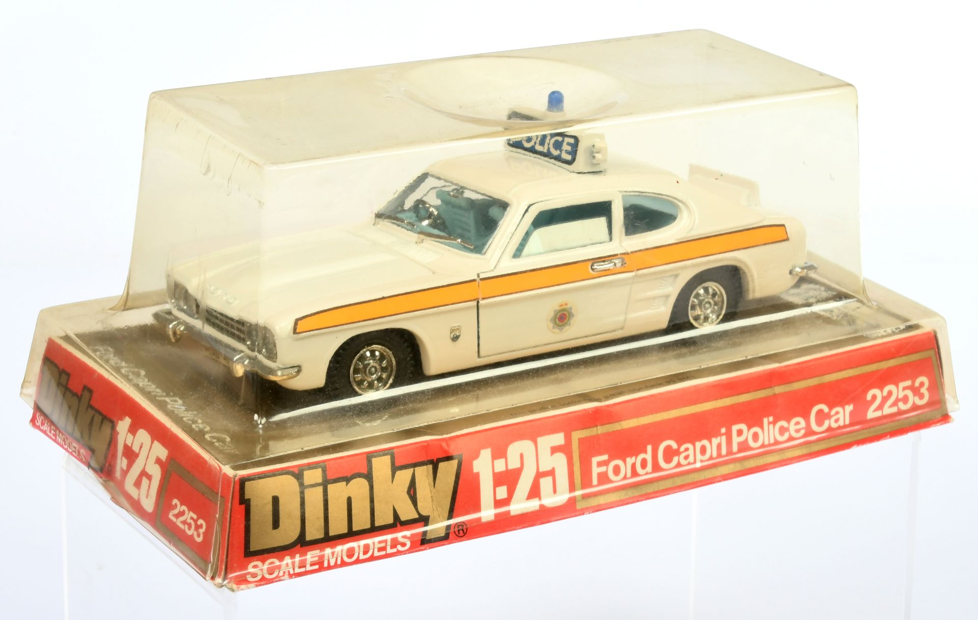 Dinky Toys 2253 (1/25th) Ford Capri "Police" - White body, light blue interior, chrome trim, roof...