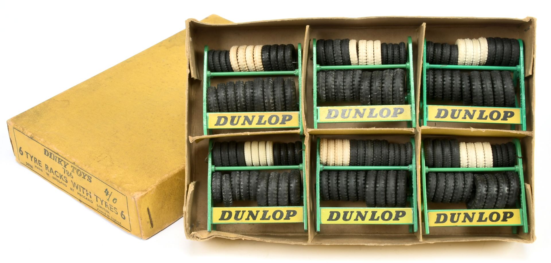 Dinky Toys Trade Pack 786 "Dunlop" Tyre racks - Containing 6 examples - Green and yellow with whi...