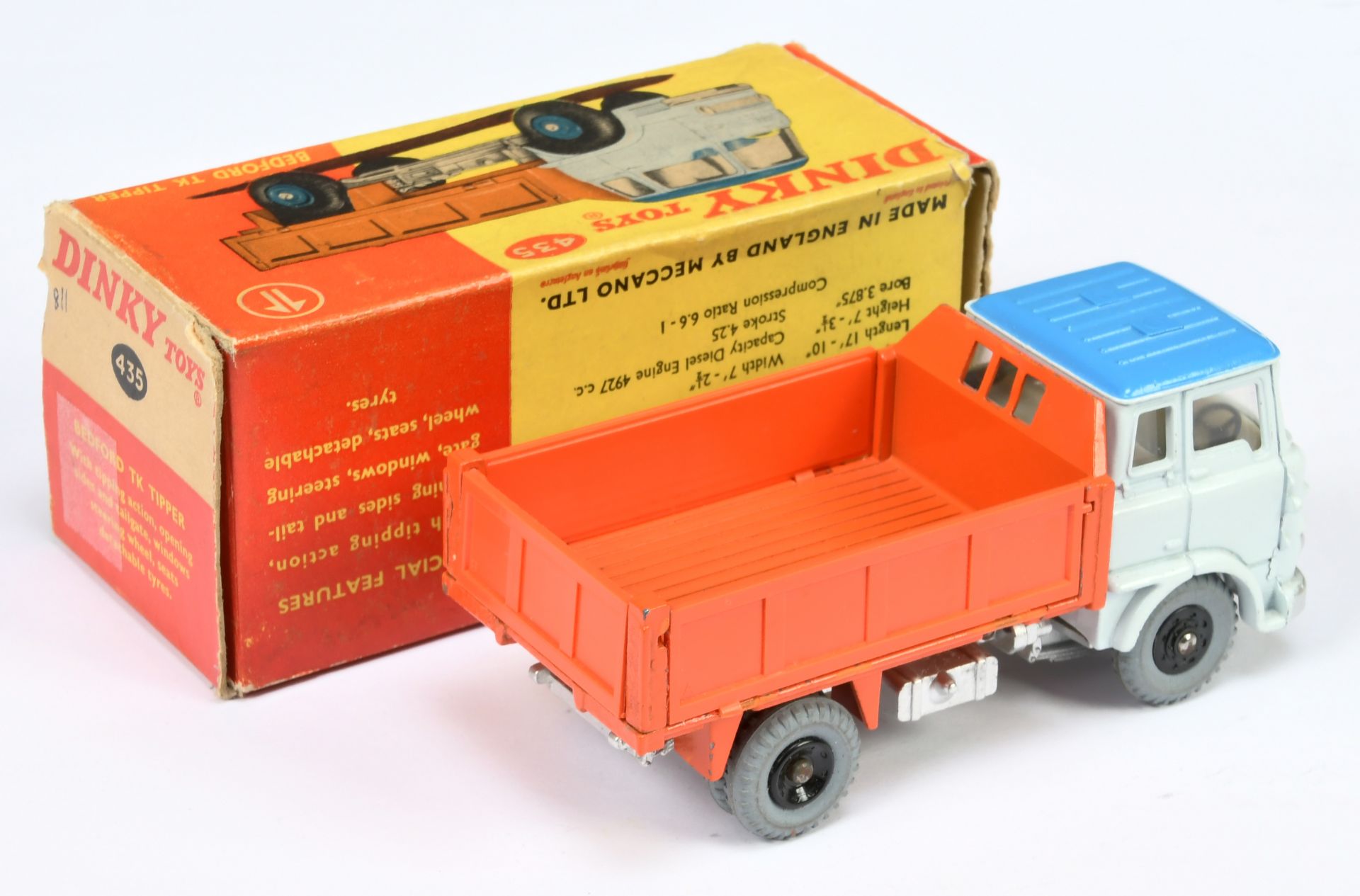 Dinky Toys 435 Bedford TK Tipper - Pale grey mid-blue roof, orange back and side panels, silver t... - Image 2 of 2