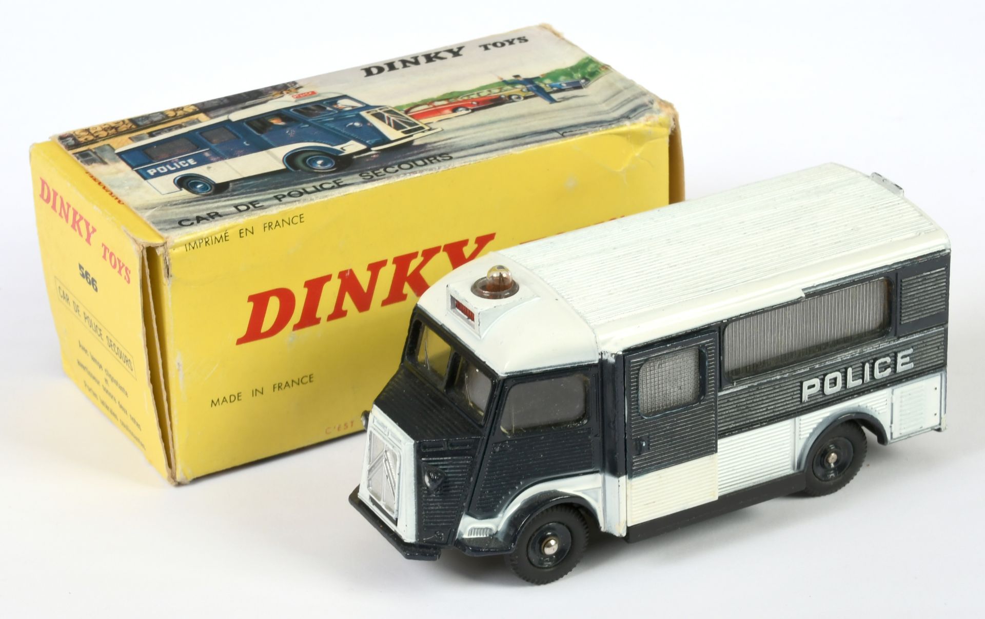 French Dinky Toys 566 Citroen Type H Van "Police" - Two-Tone navy blue and white, silver trim con...