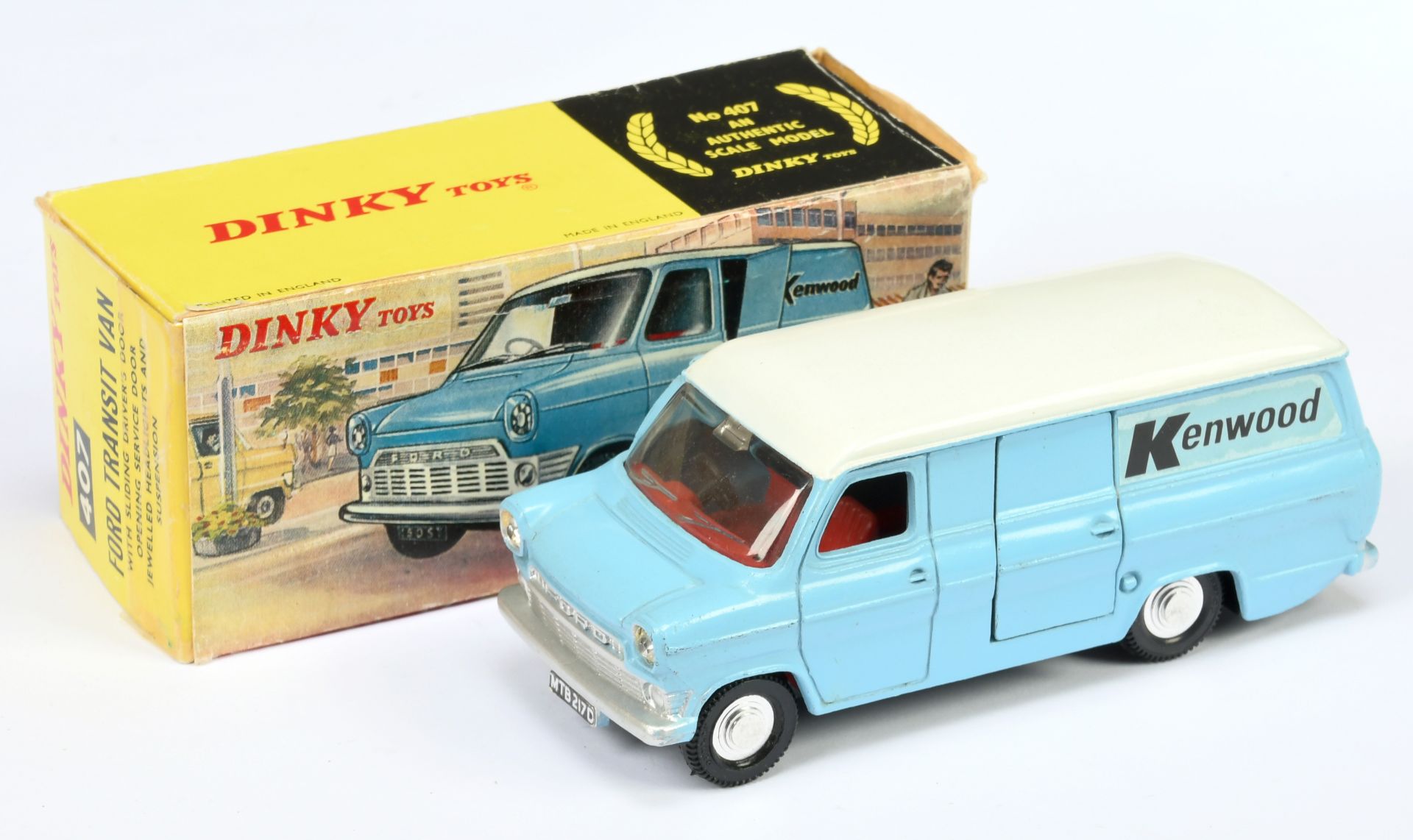 Dinky Toys 407 Ford transit van "Kenwood" - light blue body, white roof, dark grey base, red inte...