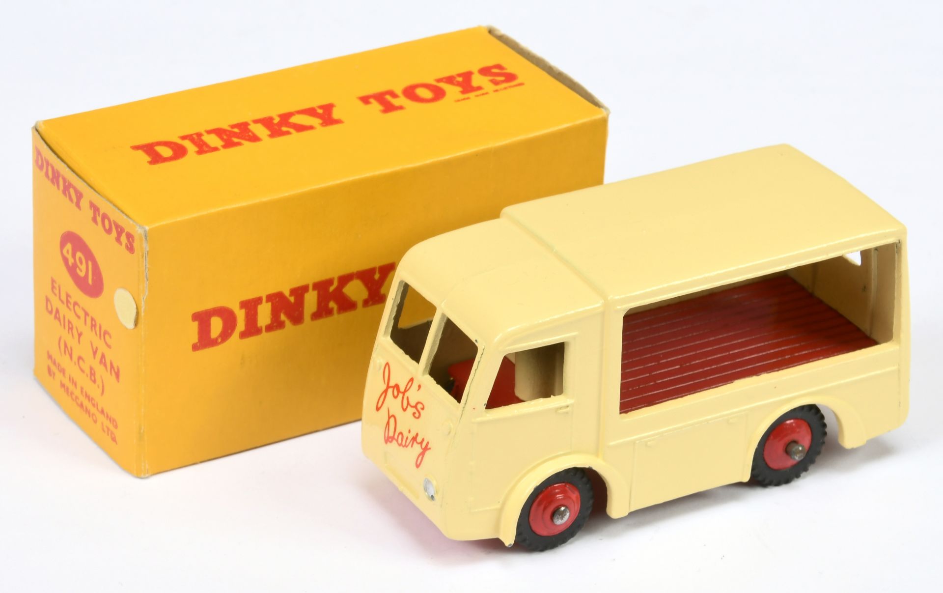 Dinky Toys 491 Electric dairy Van "Jobs Dairy" - Cream body, red inner back and rigid hubs with s...