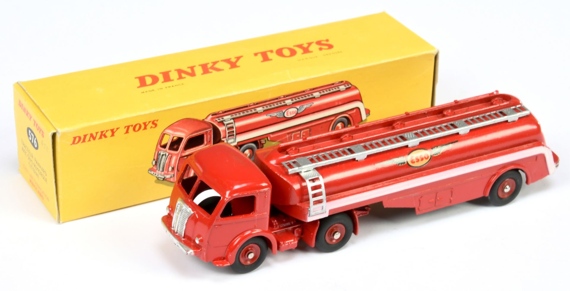 French Dinky Toys 576  Panhard Articulated Tanker "Esso" - Red including concave hubs, white silv...