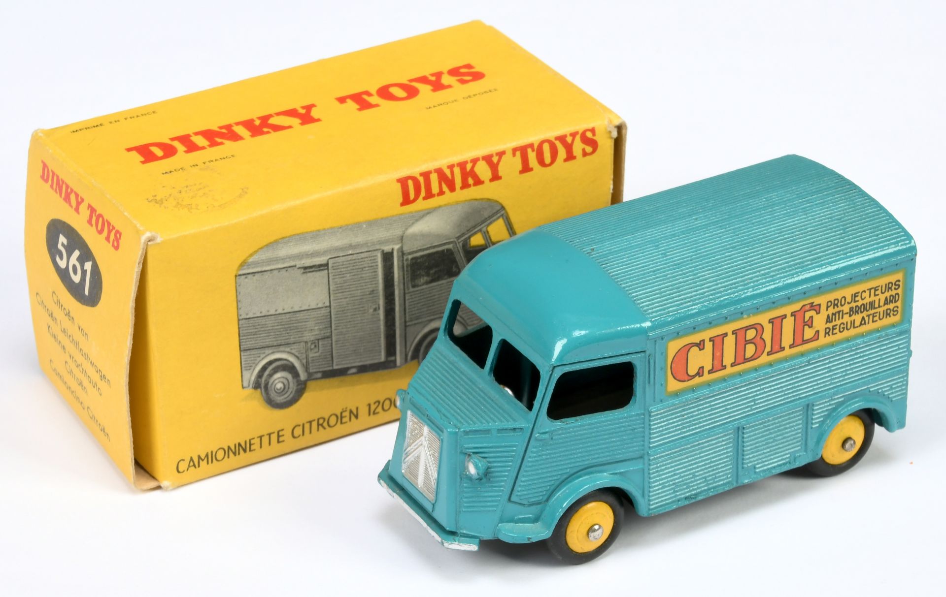 French Dinky Toys 561 Citroen Type H Van "Cibie" - Deep turquoise, yellow convex hubs, silver trim