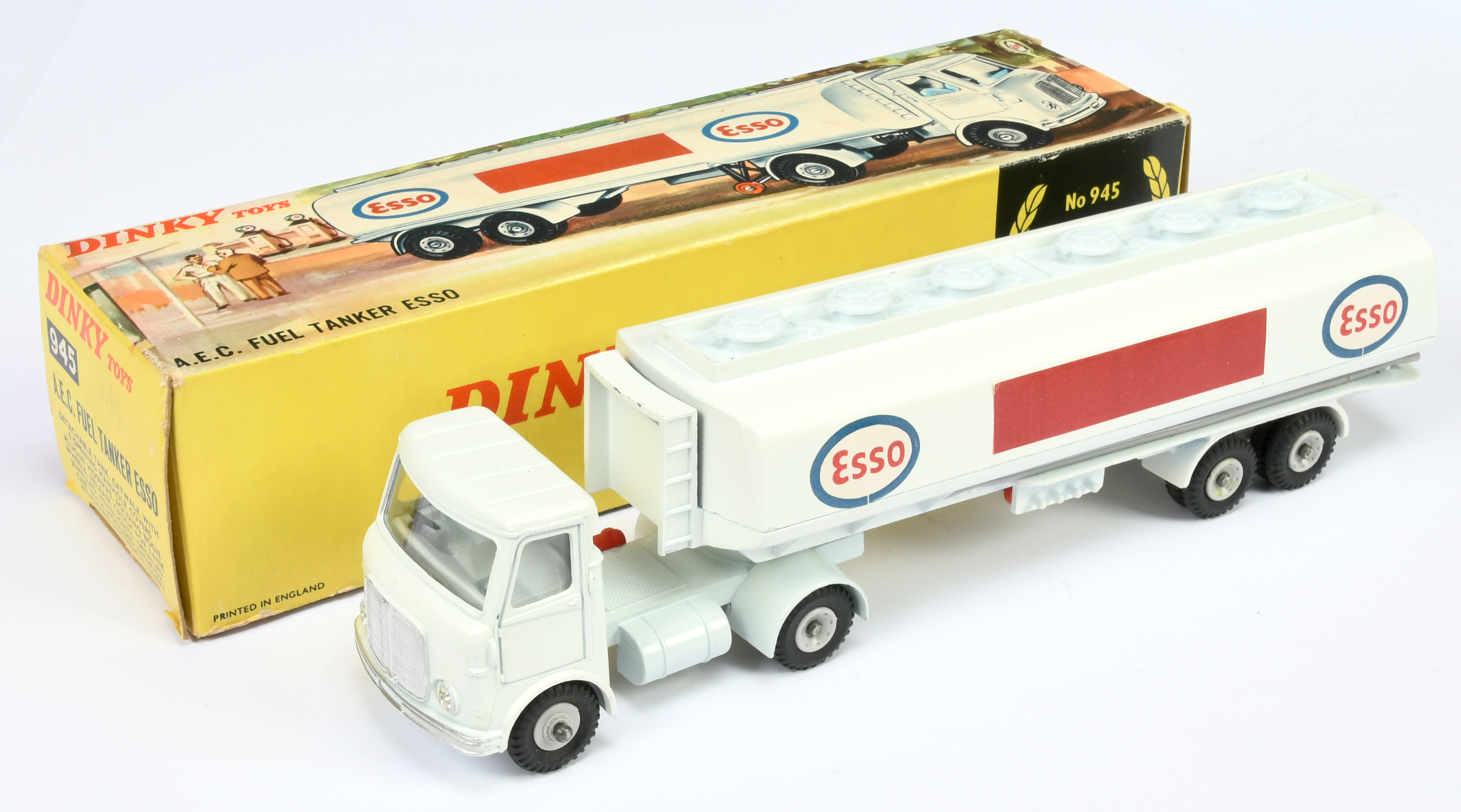 Dinky Toys 945 AEC Articulated Fuel Tanker "ESSO" - White cab and tanker, pale grey base to cab, ...