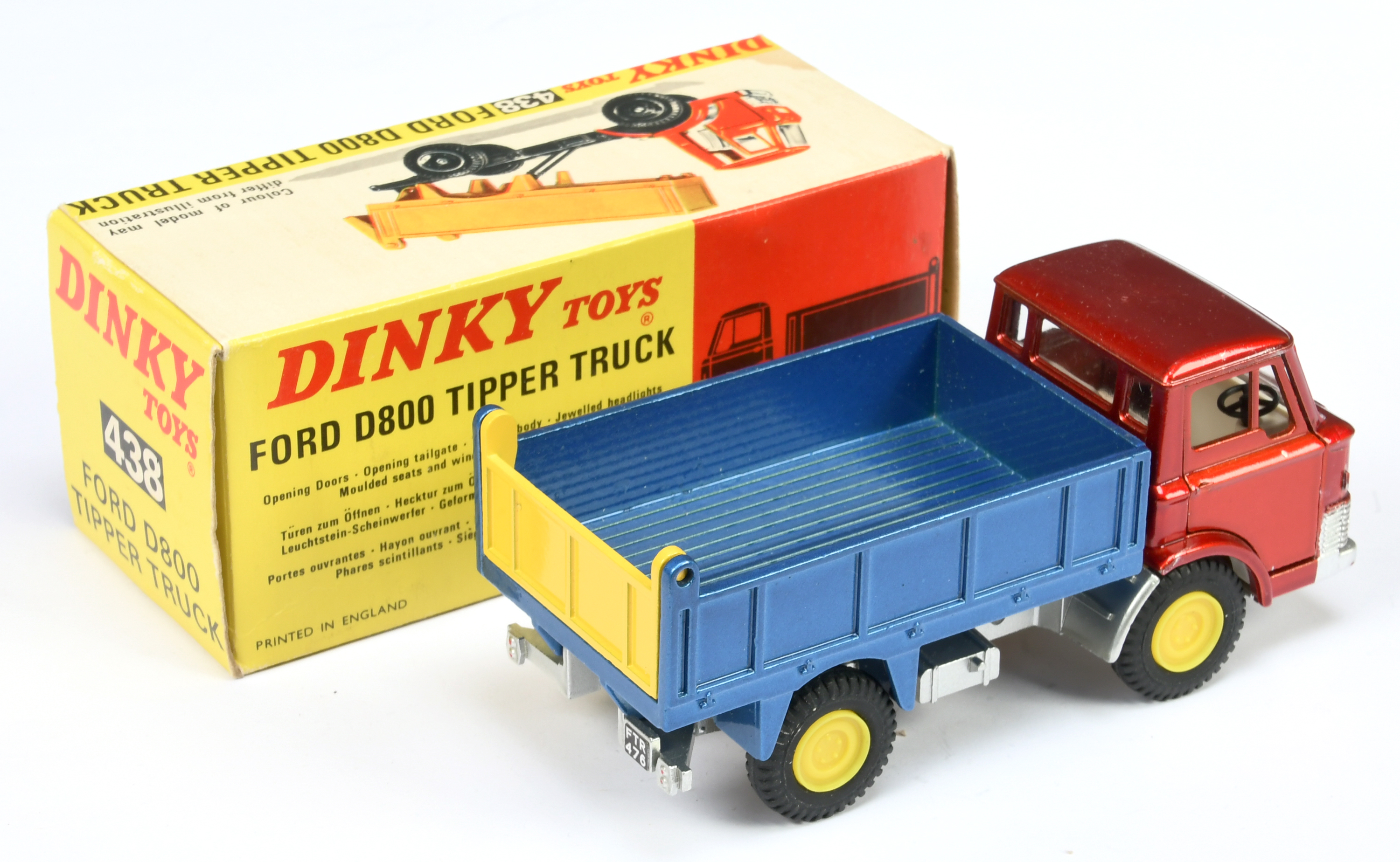 Dinky Toys 438 Ford D800 Tipper Truck - Metallic red cab, dark blue back, silver chassis, white i... - Image 2 of 2