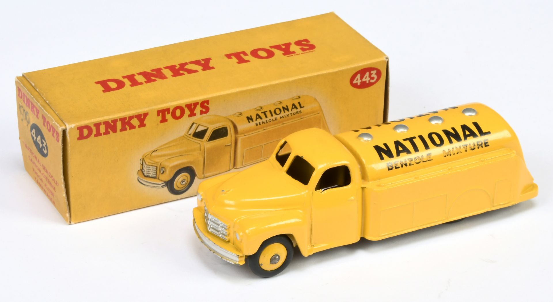 Dinky Toys 443 Studebaker Tanker "National Benzole Mixture" - Yellow including rigid hubs, silver...