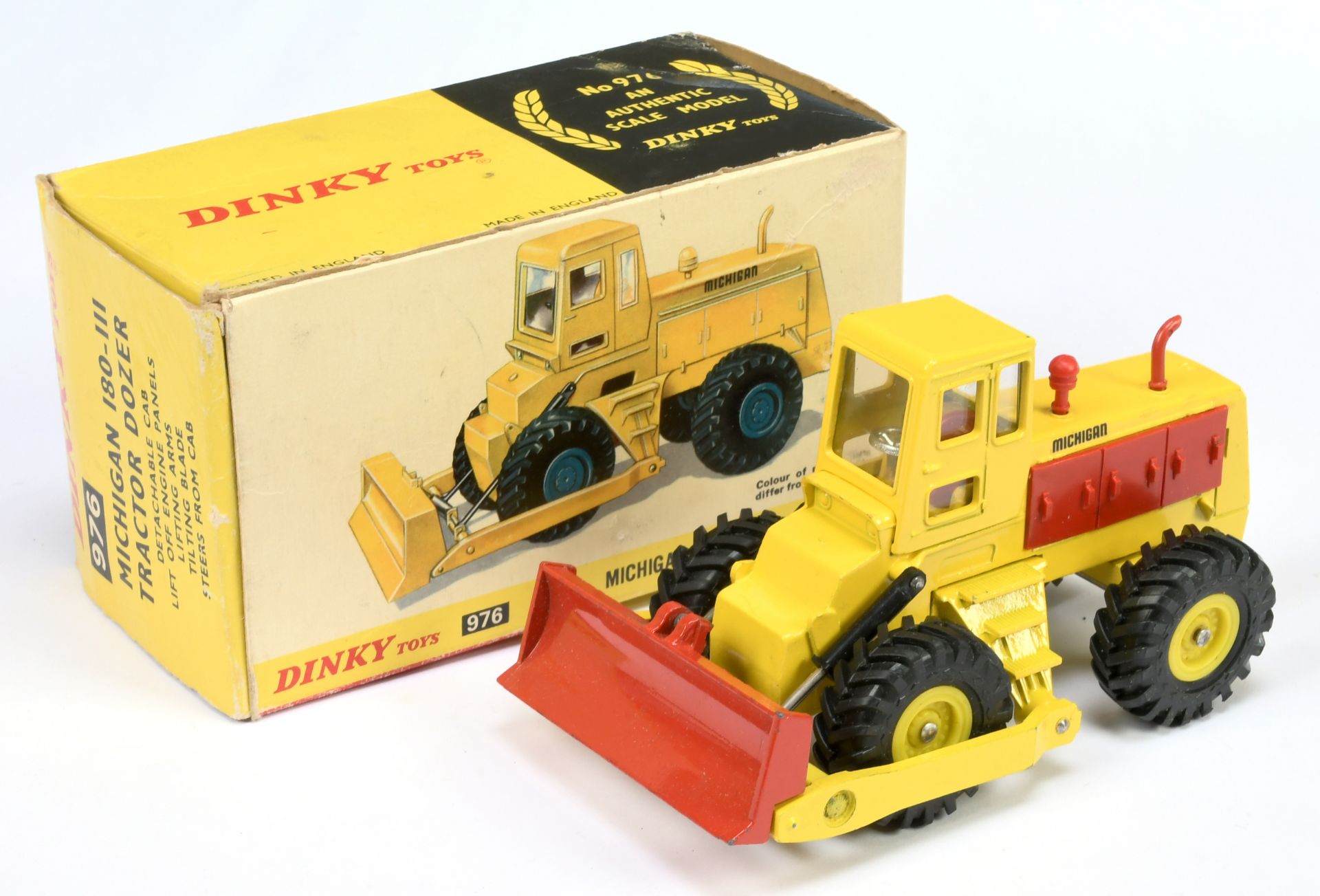 Dinky Toys 976 Michigan 180-111 tractor Dozer - Yellow body, red front blade, engine covers, stac...