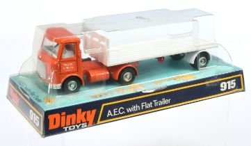 Dinky Toys 915 AEC With Flat Trailer "Truck Hire Co Liverpool" - Orange cab with white interior a...