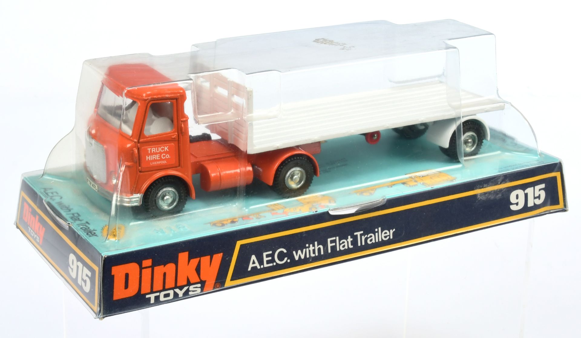 Dinky Toys 915 AEC With Flat Trailer "Truck Hire Co Liverpool" - Orange cab with white interior a...