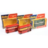 Dinky Toys  289 Routemaster buses A Group Of Code 3 issues (1) "Carlsberg" - Green, (2) Same but ...