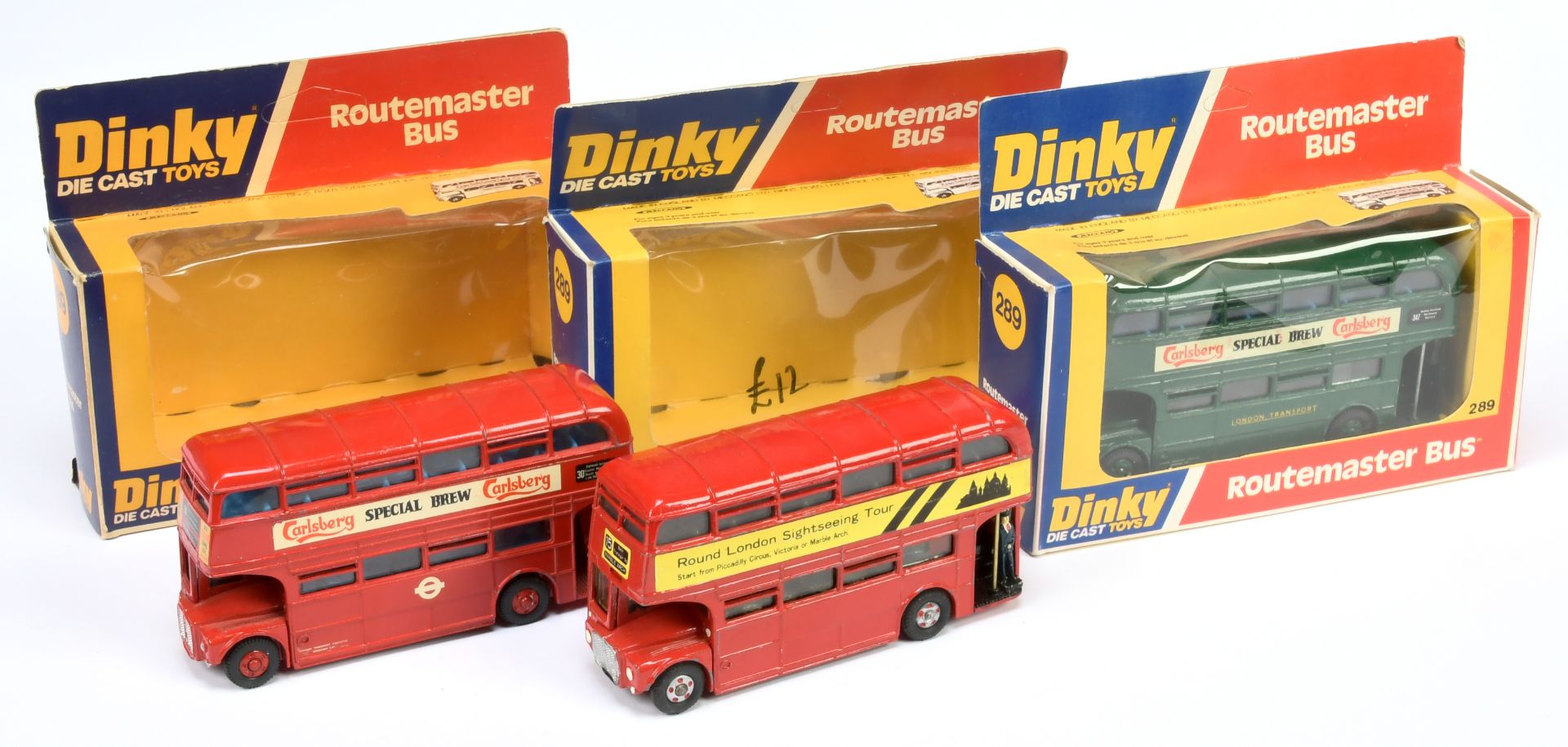 Dinky Toys  289 Routemaster buses A Group Of Code 3 issues (1) "Carlsberg" - Green, (2) Same but ...