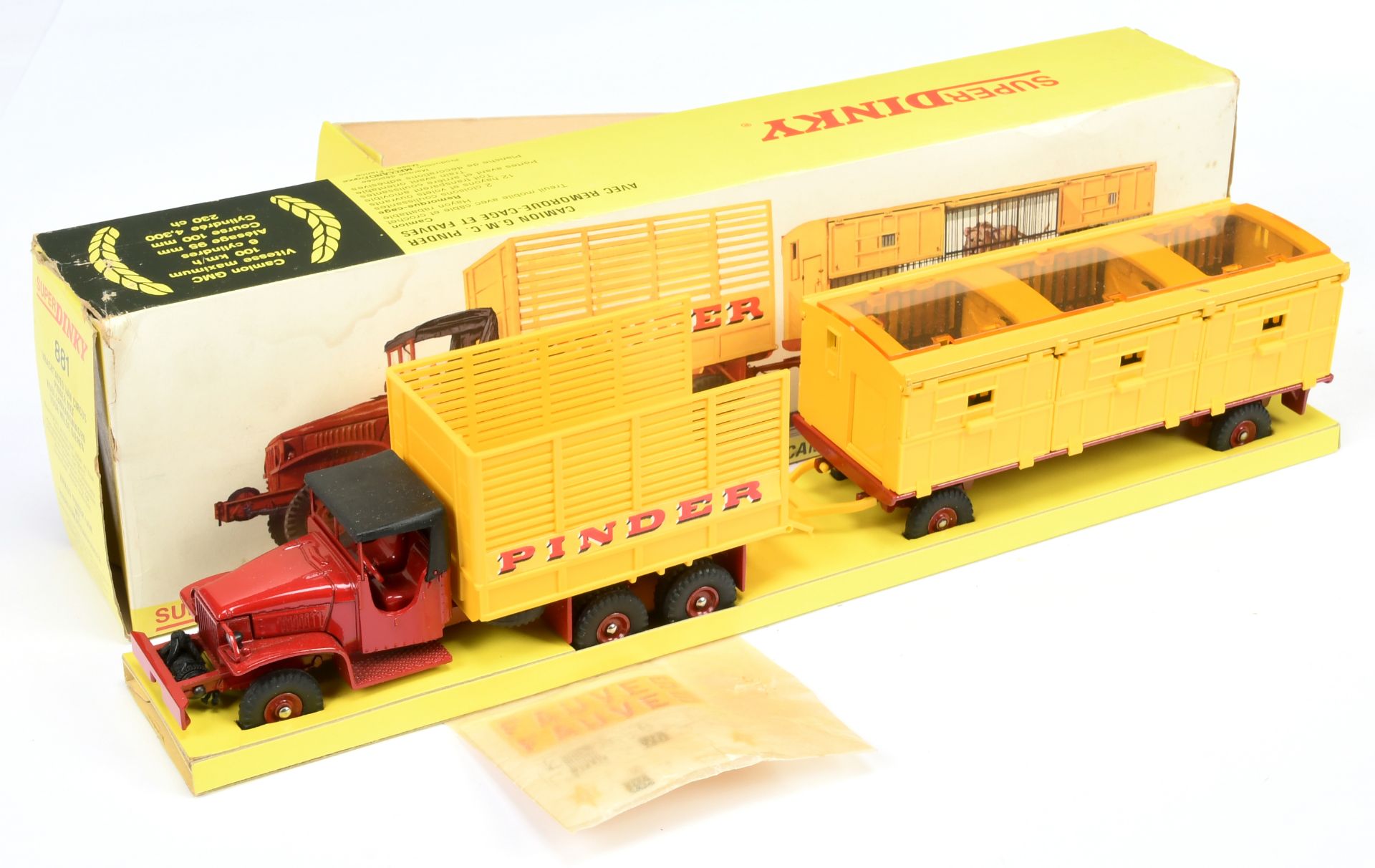 French Dinky Toys 881"Pinder" GMC Truck and Trailer -Red including concave hubs, Yellow, black ca...