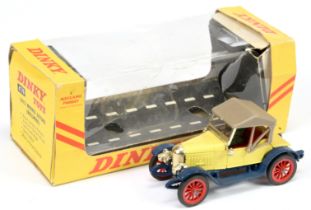 Dinky Toys 476 Morris Oxford Bullnose - yellow body, blue chassis, red spoked wheels and interior...