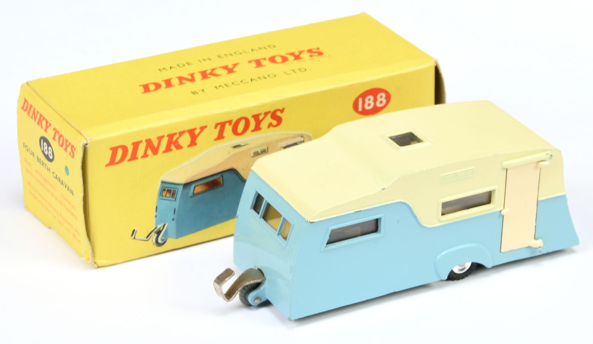 Dinky Toys 188 Four Bert Caravan - Two-Tone Cream over mid-blue, light beige opening side door, c...