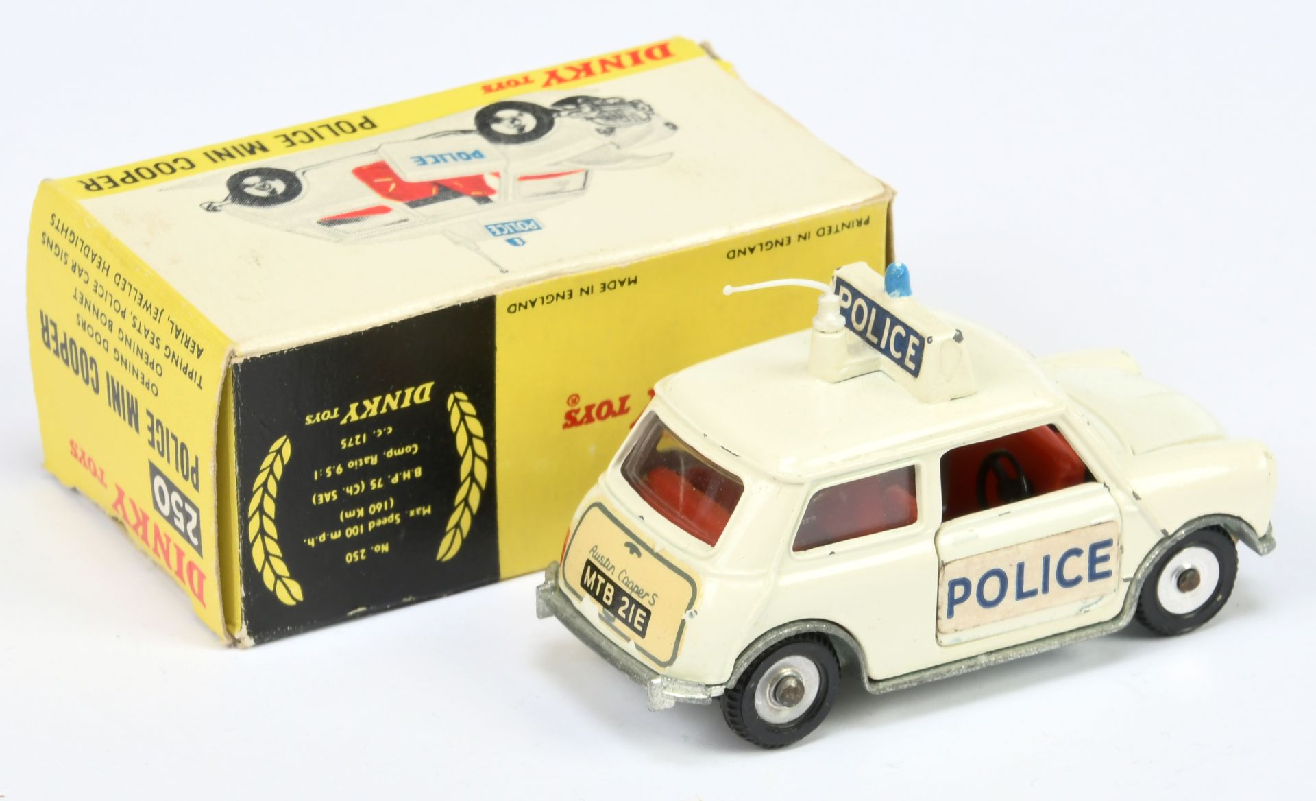 Dinky 250 Mini Cooper "Police" Car - Off white body, red interior, roof box with blue light and a... - Bild 2 aus 2