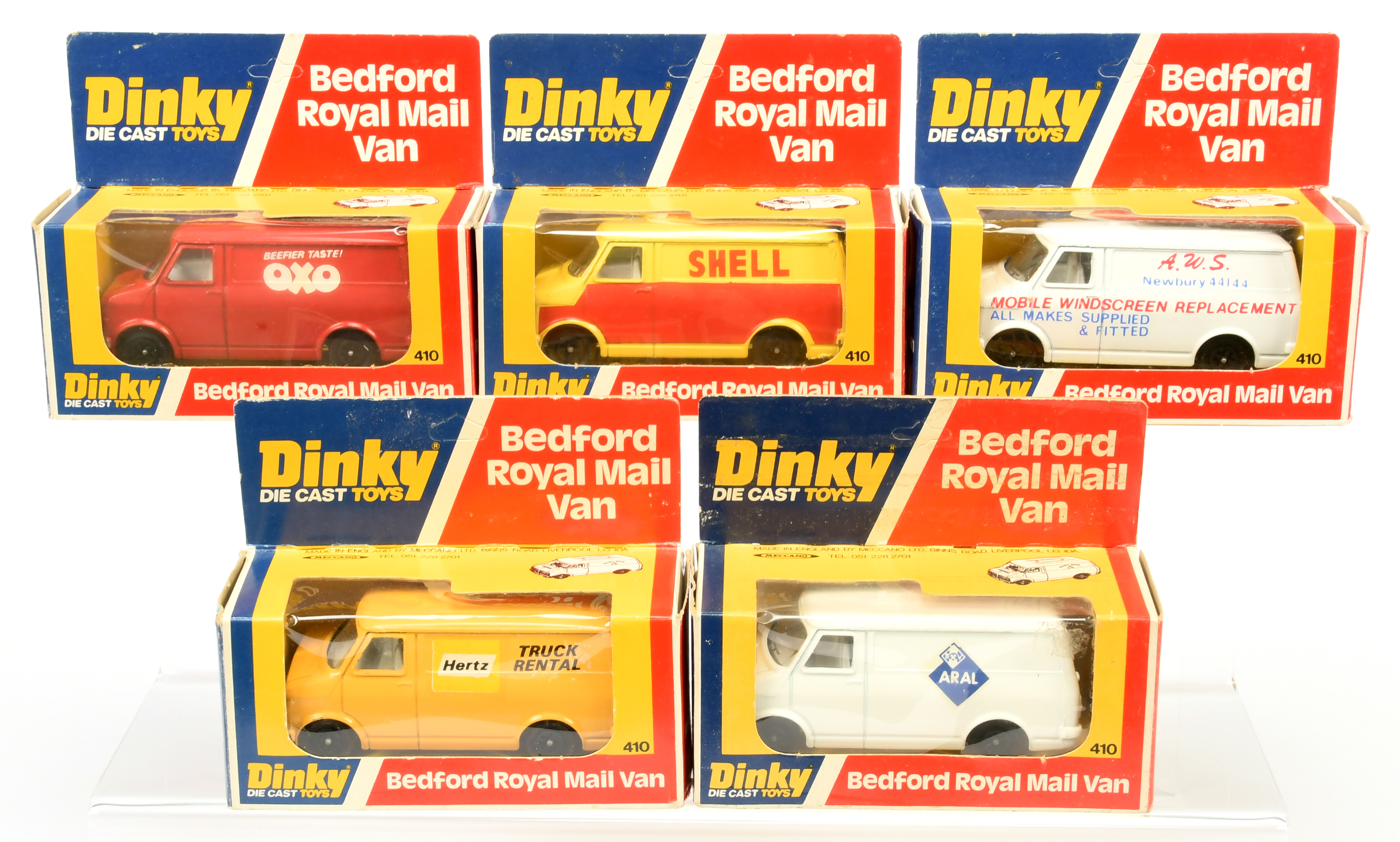 Dinky Toys 410 Bedford Promotional Vans Group Of 5 - (1) "Shell", (2) "ARAL", (3) "OXO", (4) "AWS...