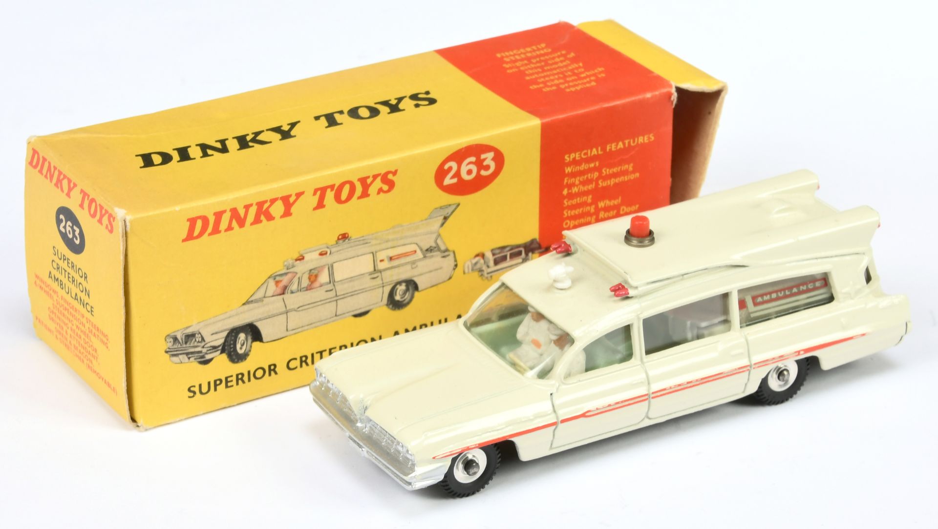 Dinky Toys 263 Superior Criterion "Ambulance" - Off white body, red trim and solid roof light, pa...