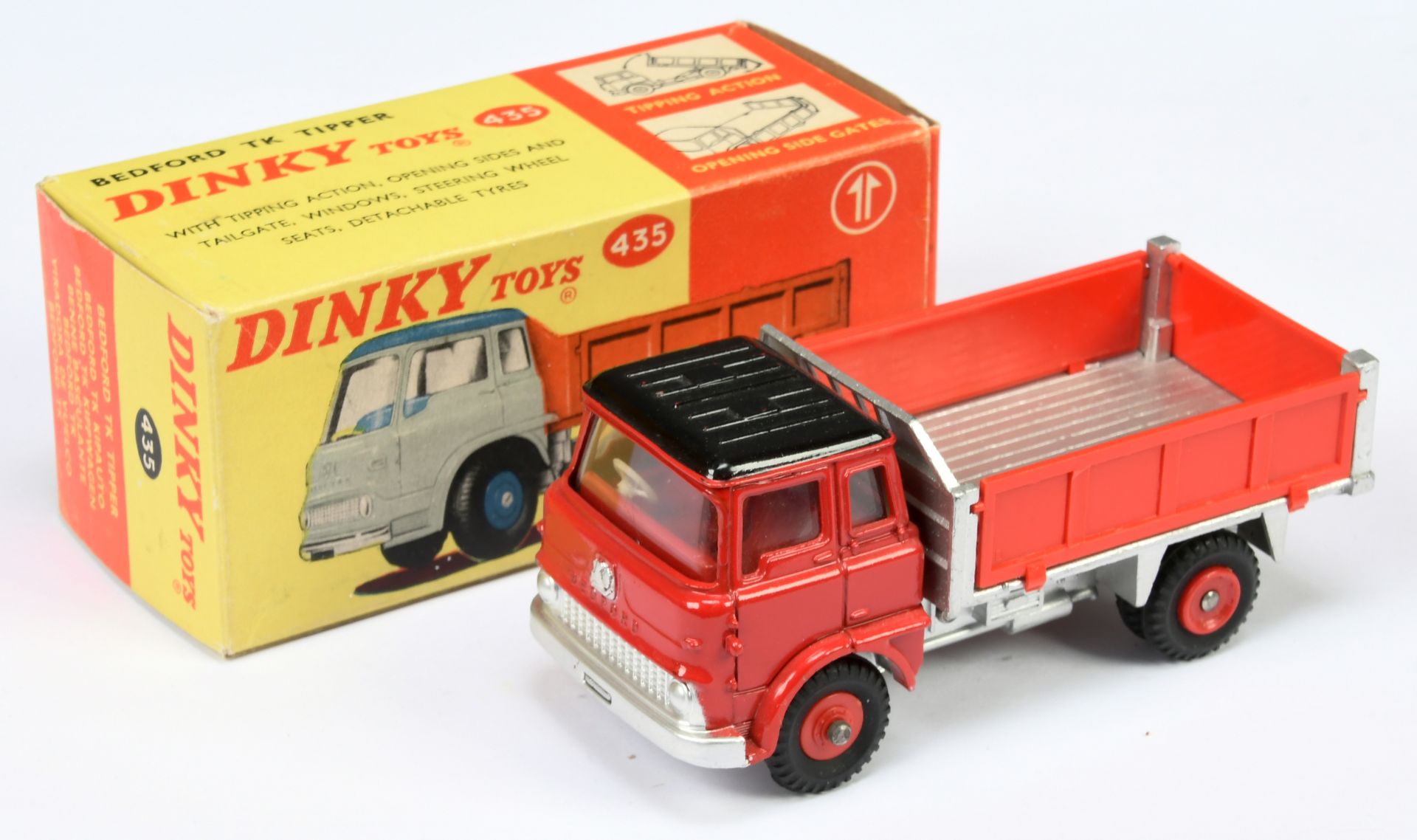 Dinky Toys 435 Bedford TK Tipper - Red cab, interior, side panels and plastic hubs, black roof, s...