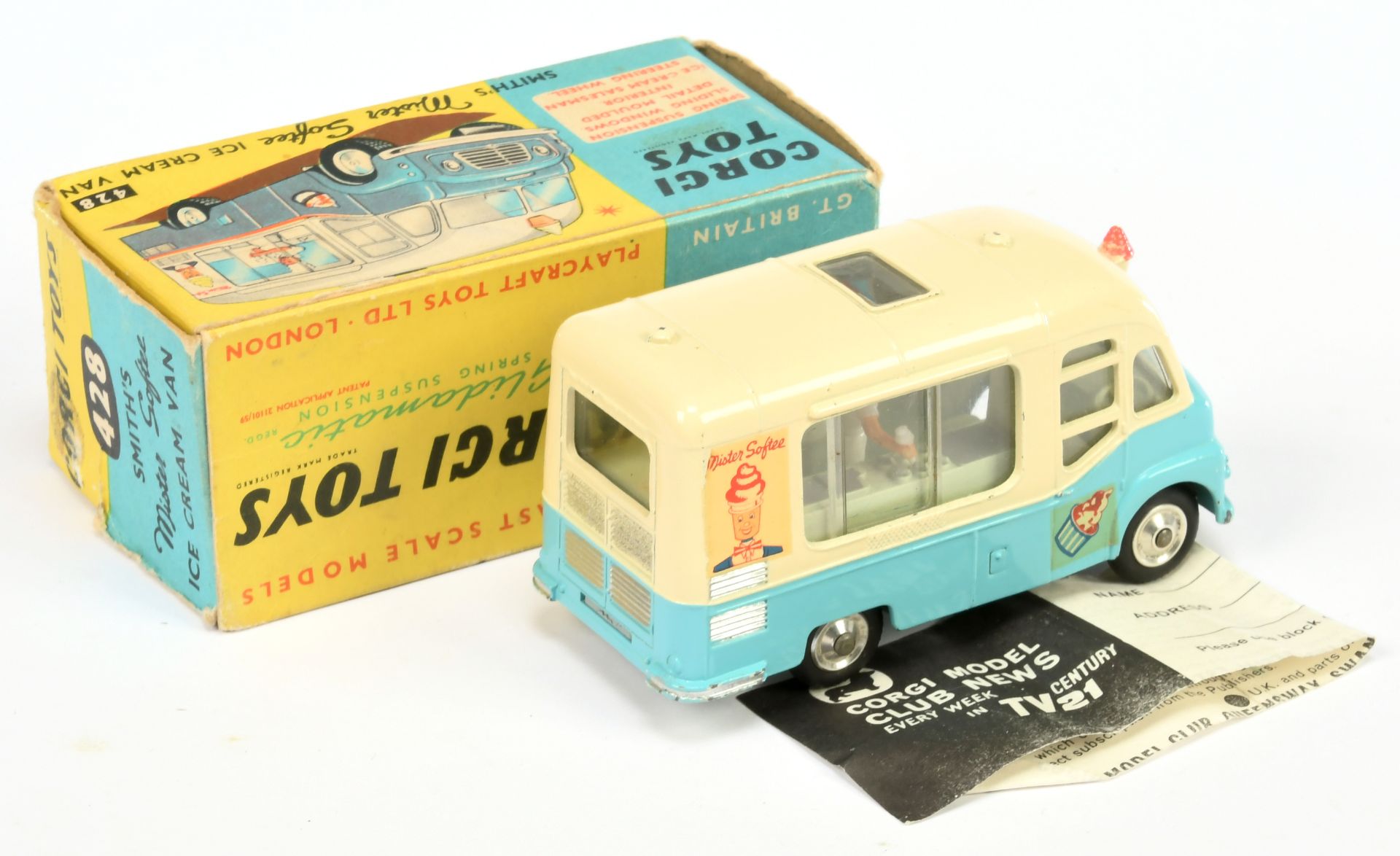 Corgi Toys 428 Smith's karrier "Mister Softee" Ice cream Van - Two-Tone Cream and blue, pale gree... - Image 2 of 2