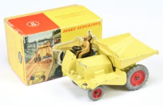 Dinky Toys 962 Muir Hill Dumper Truck - Pale yellow, red metal wheels, tan figure and tow hook