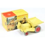 Dinky Toys 962 Muir Hill Dumper Truck - Pale yellow, red metal wheels, tan figure and tow hook