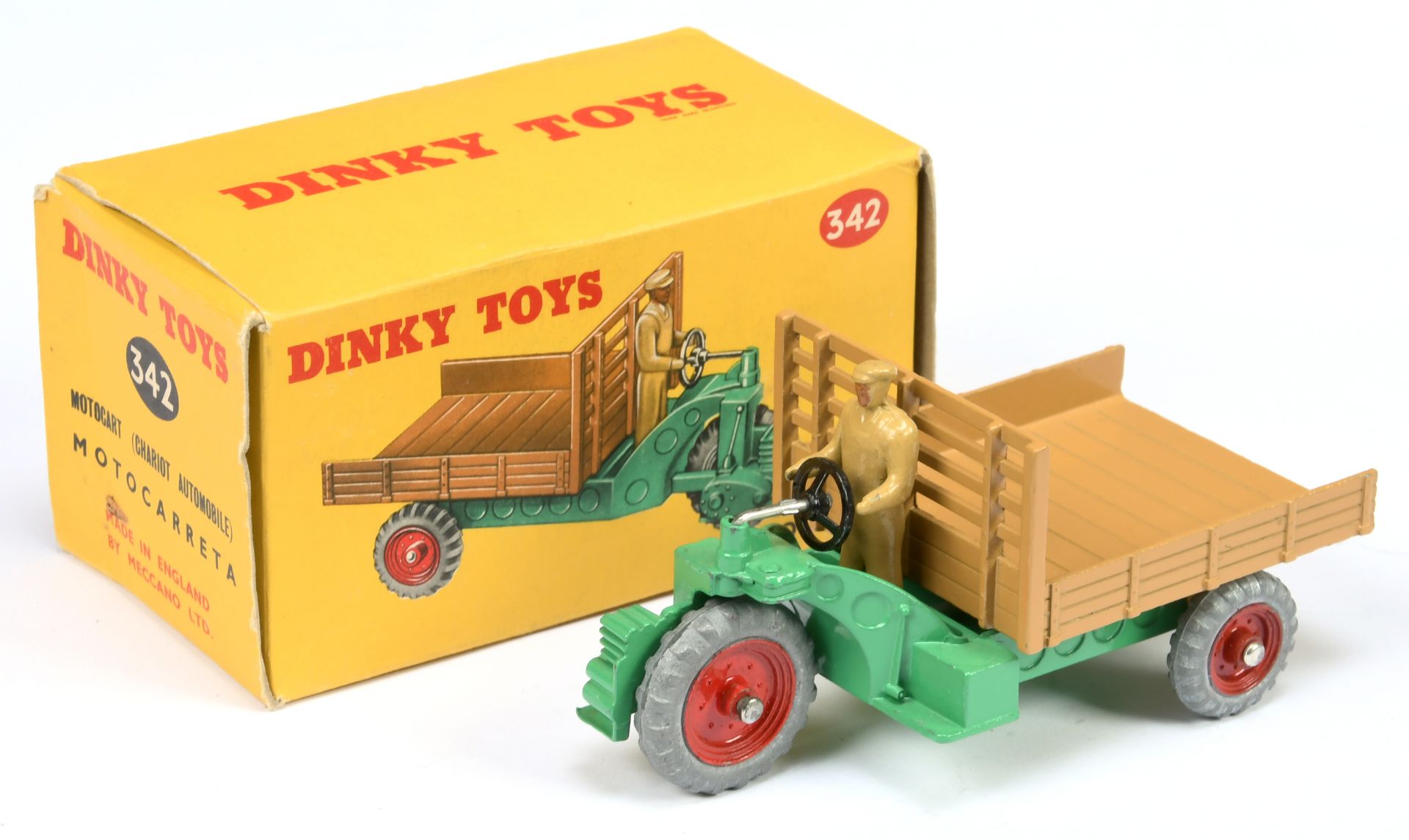 Dinky Toys 342 Motorcart - Mid green including chassis, tan back and figure, red metal wheels 
