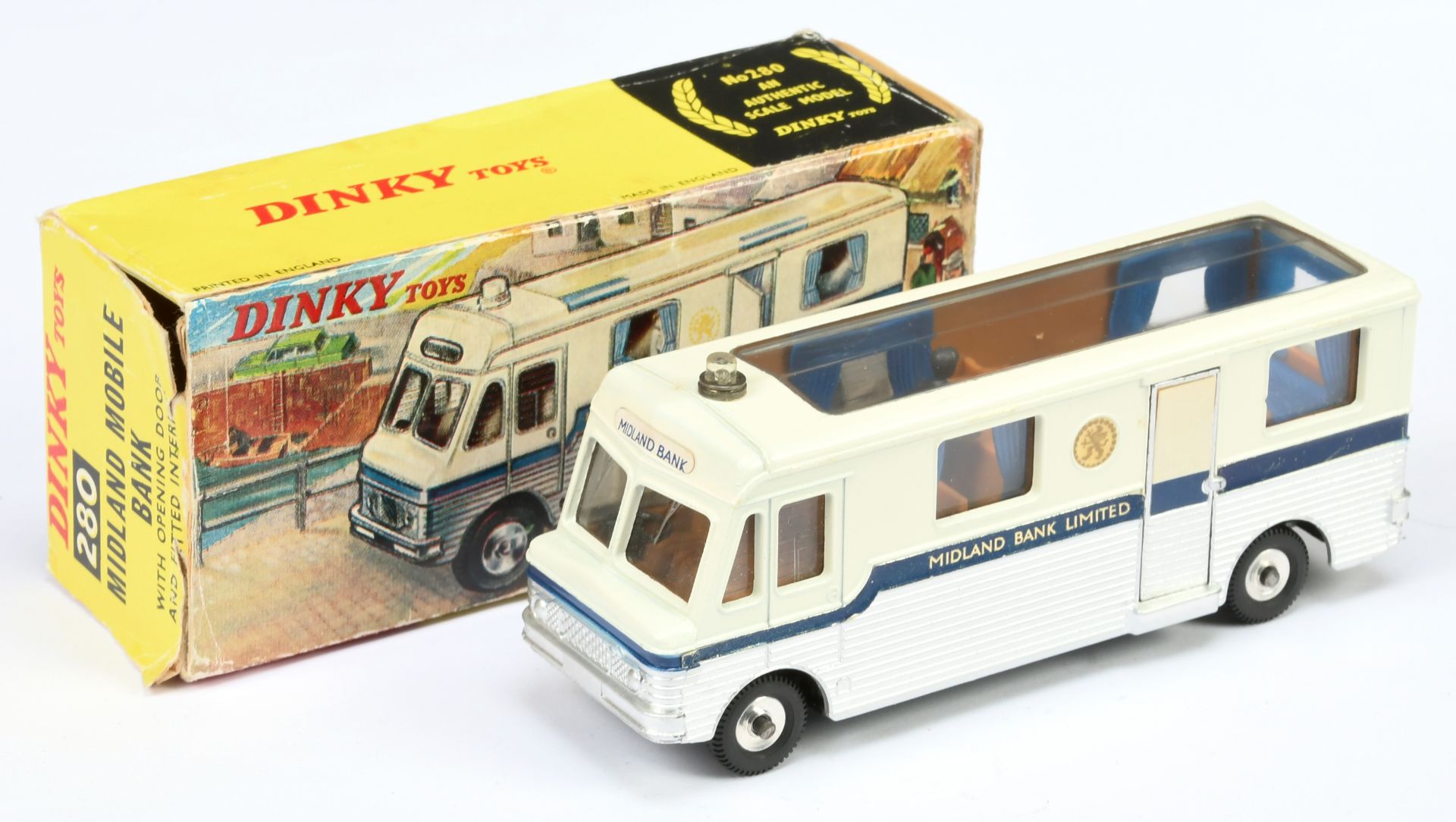Dinky Toys 280 Midland Mobile Bank - Two-Tone Off white over silver, blue trim, spun hubs - Excel...