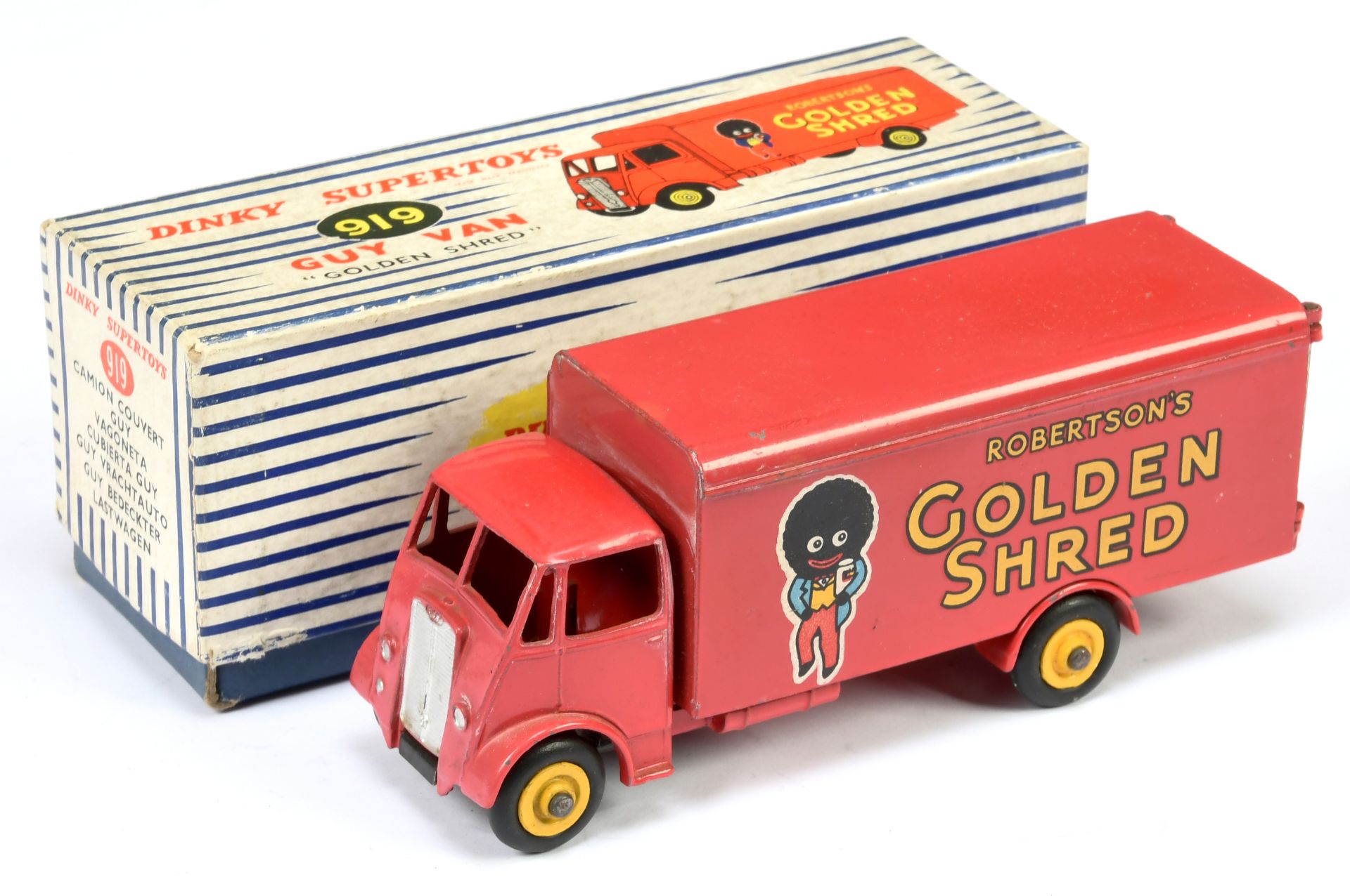 Dinky Toys 919 Guy (Type 2) Van "Robertson's Golden Shred" - Red cab, chassis, back, and opening ...