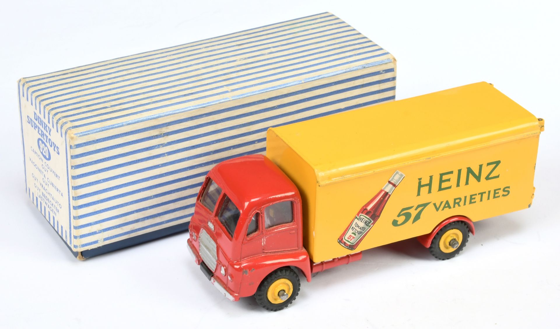 Dinky Toys 920 Guy Warrior Van "Heinz" - Red cab and chassis, yellow back and supertoy hub