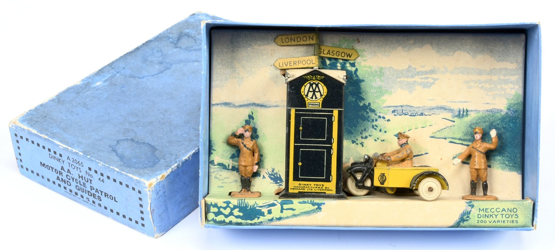 Dinky Pre-War 44 "AA" Patrol Set - Motorcycle And Side Car - Black and yellow with white solid wh...