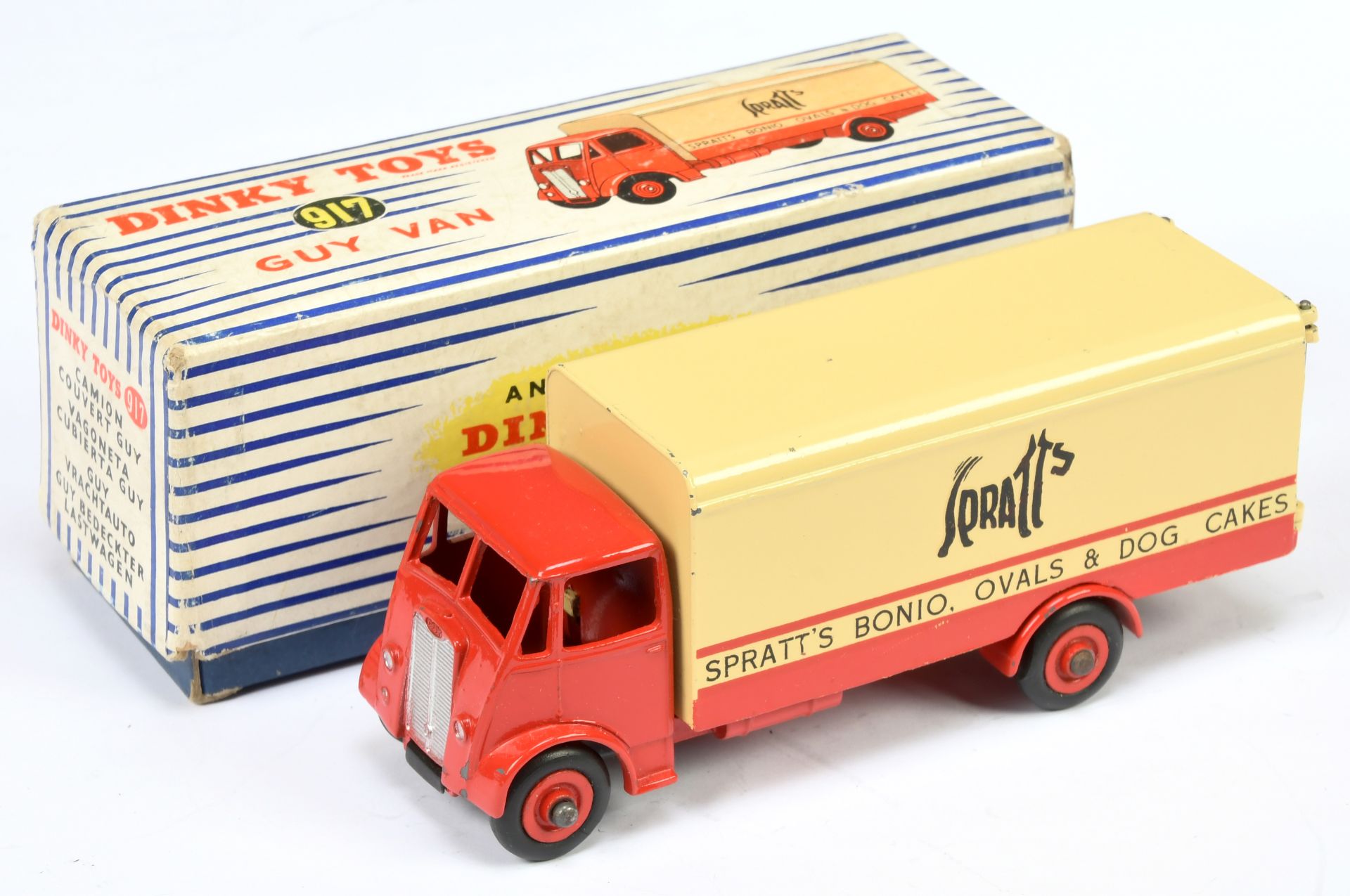 Dinky Toys 917 (514) Guy (Type 1) Van "Spratts" - Red including supertoy hubs, cream back and ope...