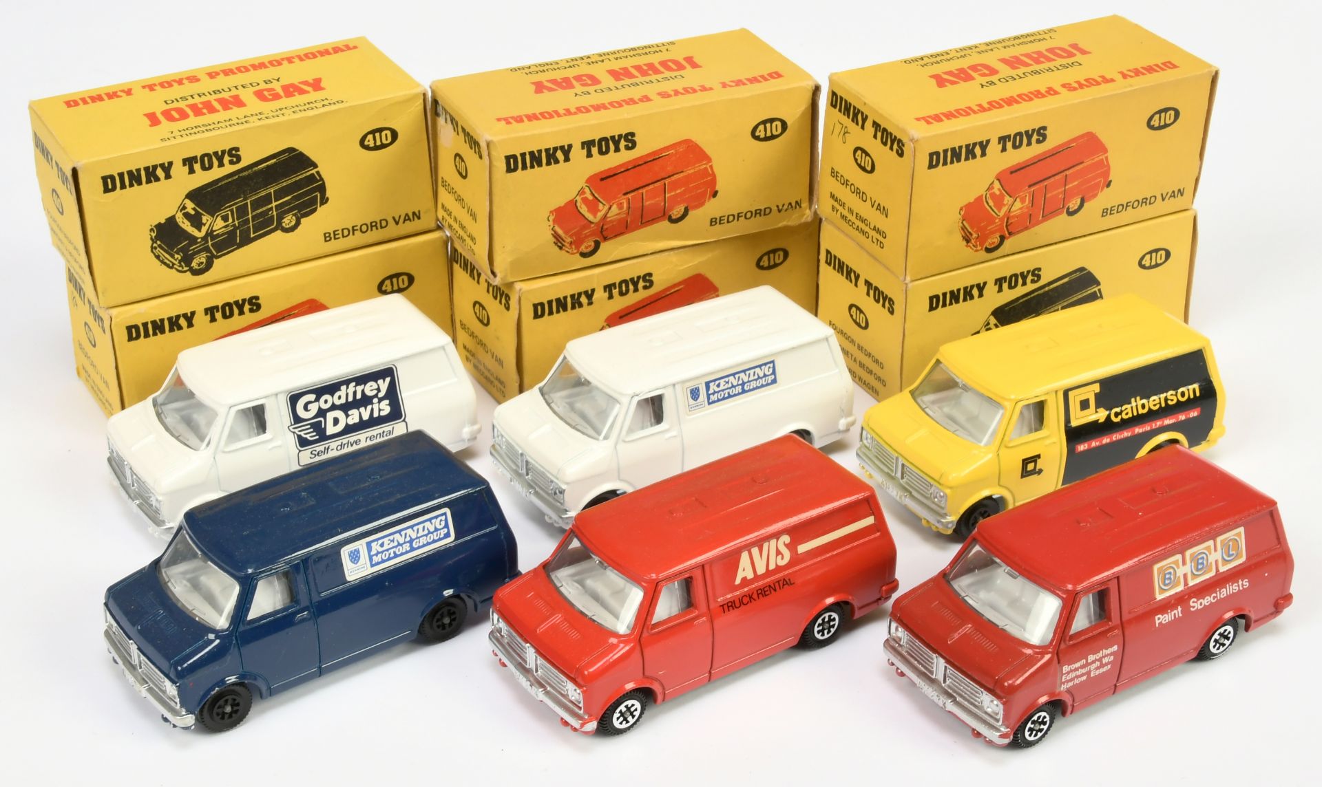 Dinky Toys 410 Bedford Promotional Vans  Group Of 6 -  (1) "Godfrey Davis", (2) "Kenning", White ...