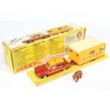 French Dinky Toys 882"Pinder" Peugeot 404 & Caravane - Red, yellow, light beige interior, concave...