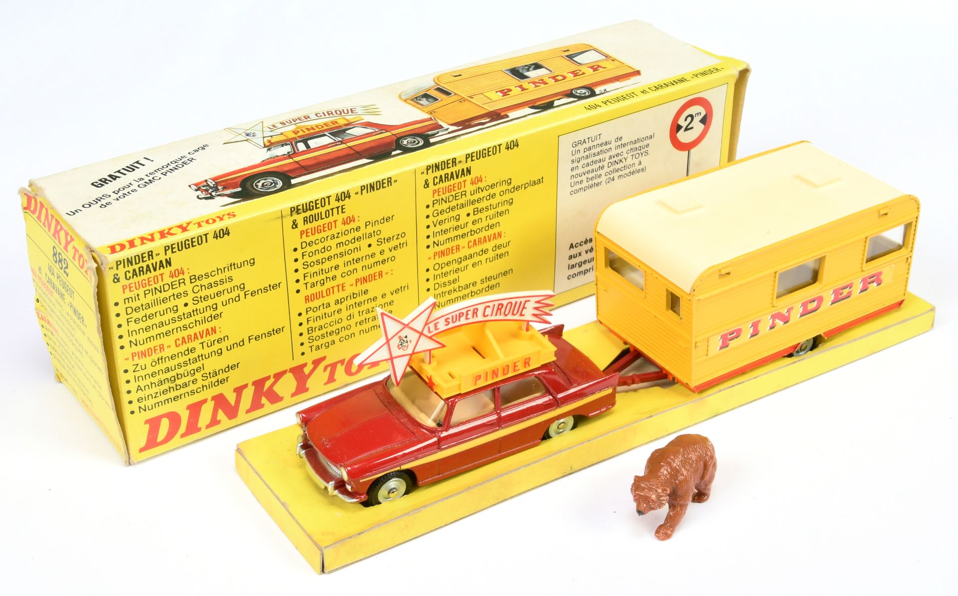 French Dinky Toys 882"Pinder" Peugeot 404 & Caravane - Red, yellow, light beige interior, concave...