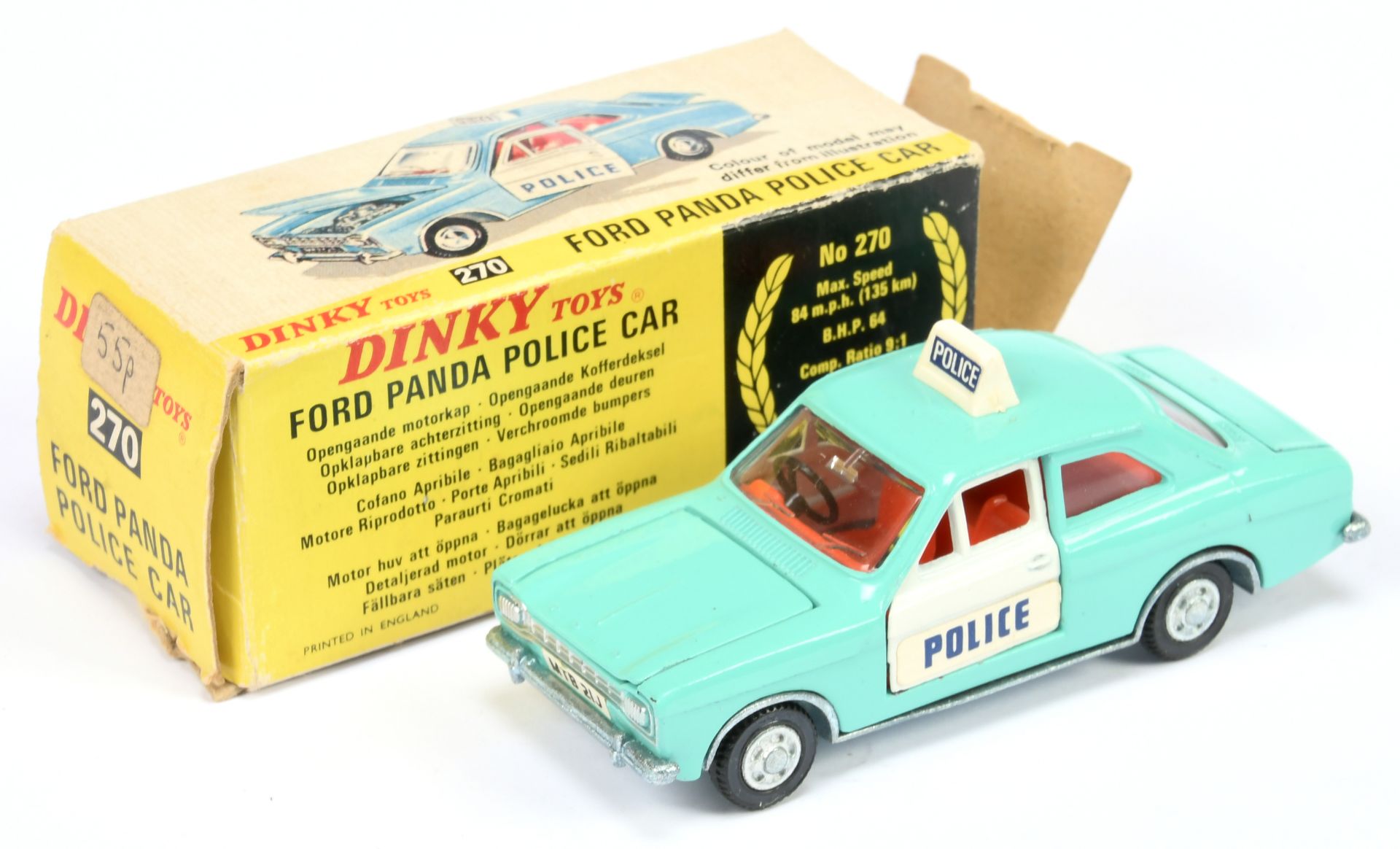 Dinky Toys 270 Ford Escort "police" Car - Turquoise Body with white doors, red interior, roof box...