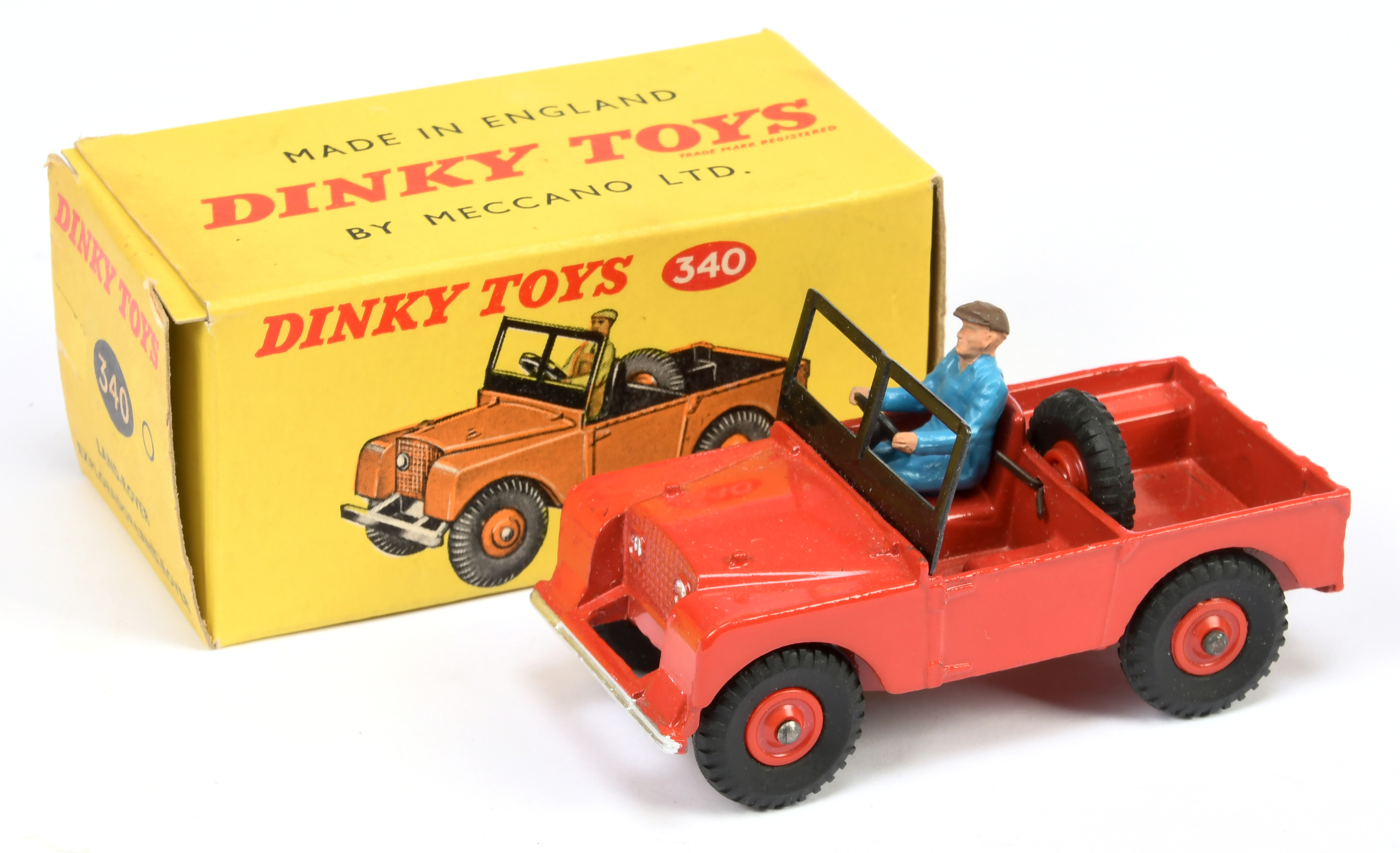 Dinky Toys 340 Land Rover - Red body, interior and plastic hubs with black treaded tyres, plastic...