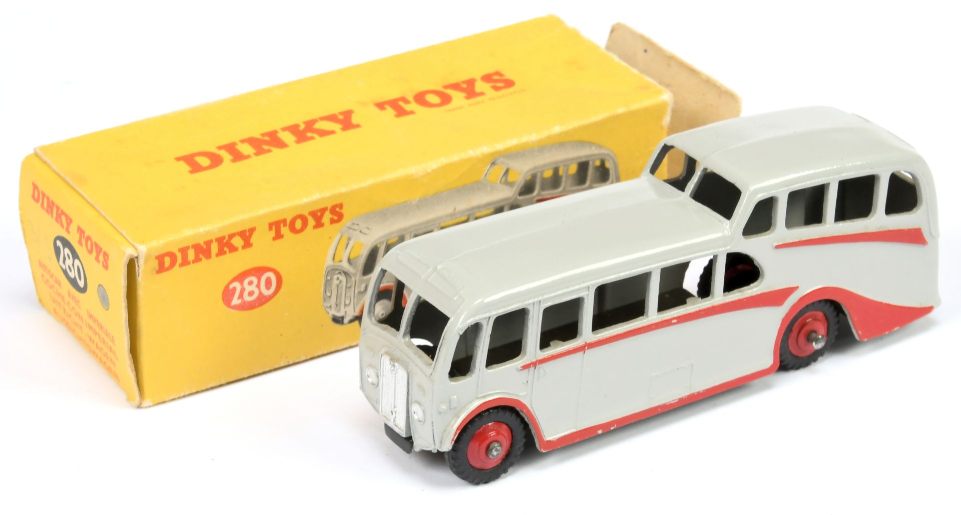 Dinky Toys 280 Observation Coach - Grey body, red flashes and rigid hubs with treaded tyres and s...