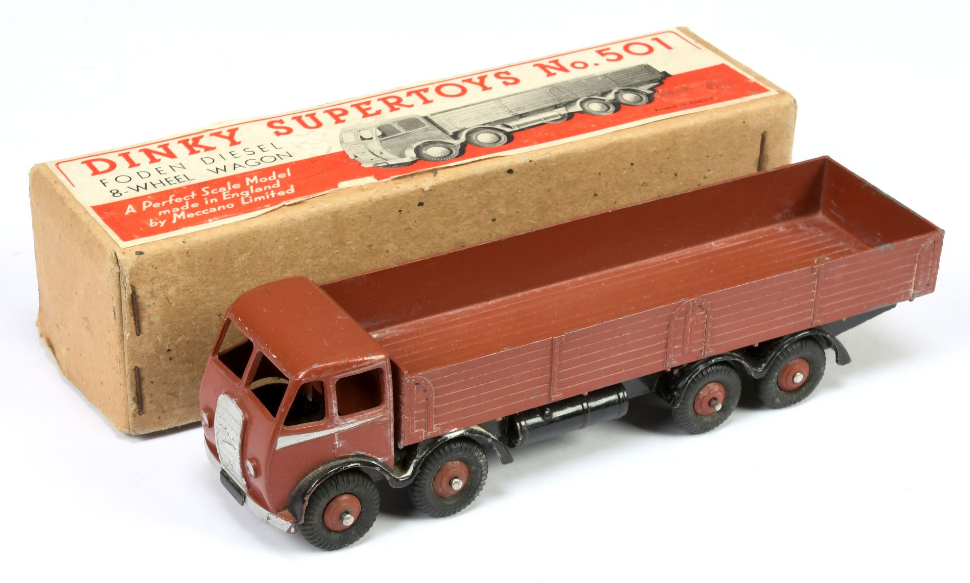 Dinky Toys 501 Foden (type 1) Diesel 8-Wheel Wagon - Brown cab and back, black chassis, silver tr...