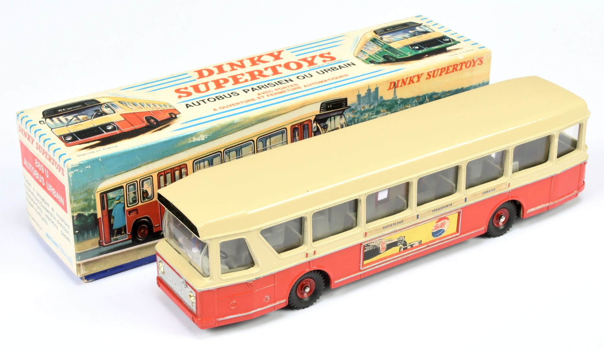 French Dinky Toys 889U Autobus Urbain - Two-Tone cream and red including concave hubs, brown inte...