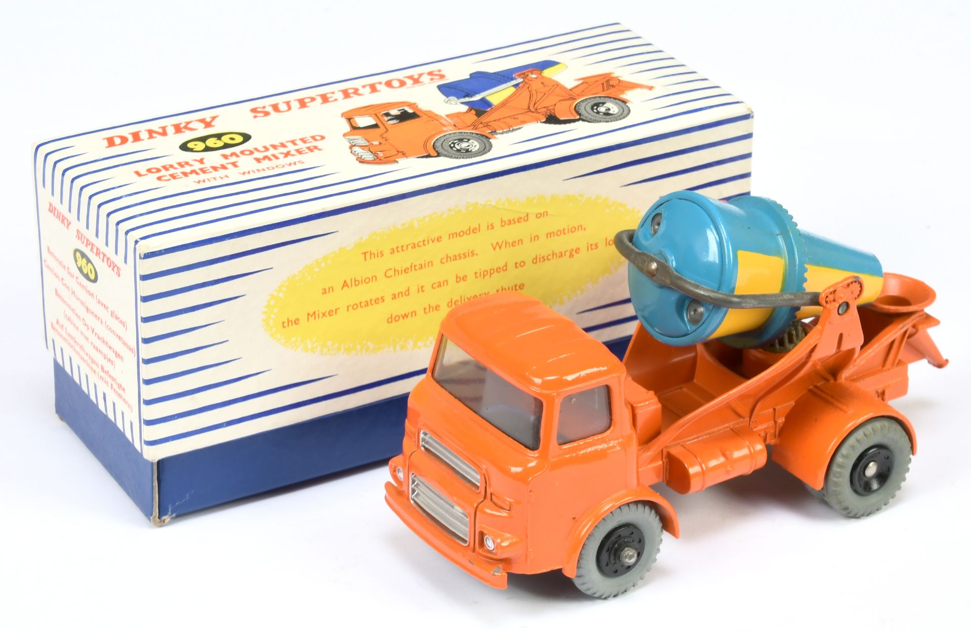 Dinky Toys 960 Albion Chieftain Lorry Mounted Cement Truck - Orange cab and chassis, with windows...