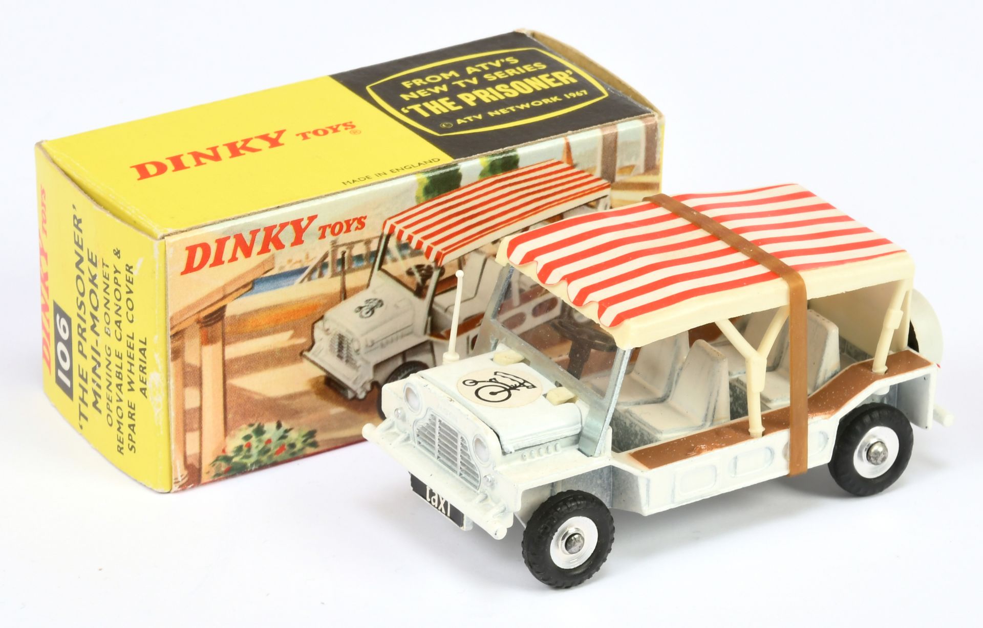 Dinky Toys 106 " The Prisoner" Mini Moke  - White body, brown side steps, aerial, spun hubs and w...