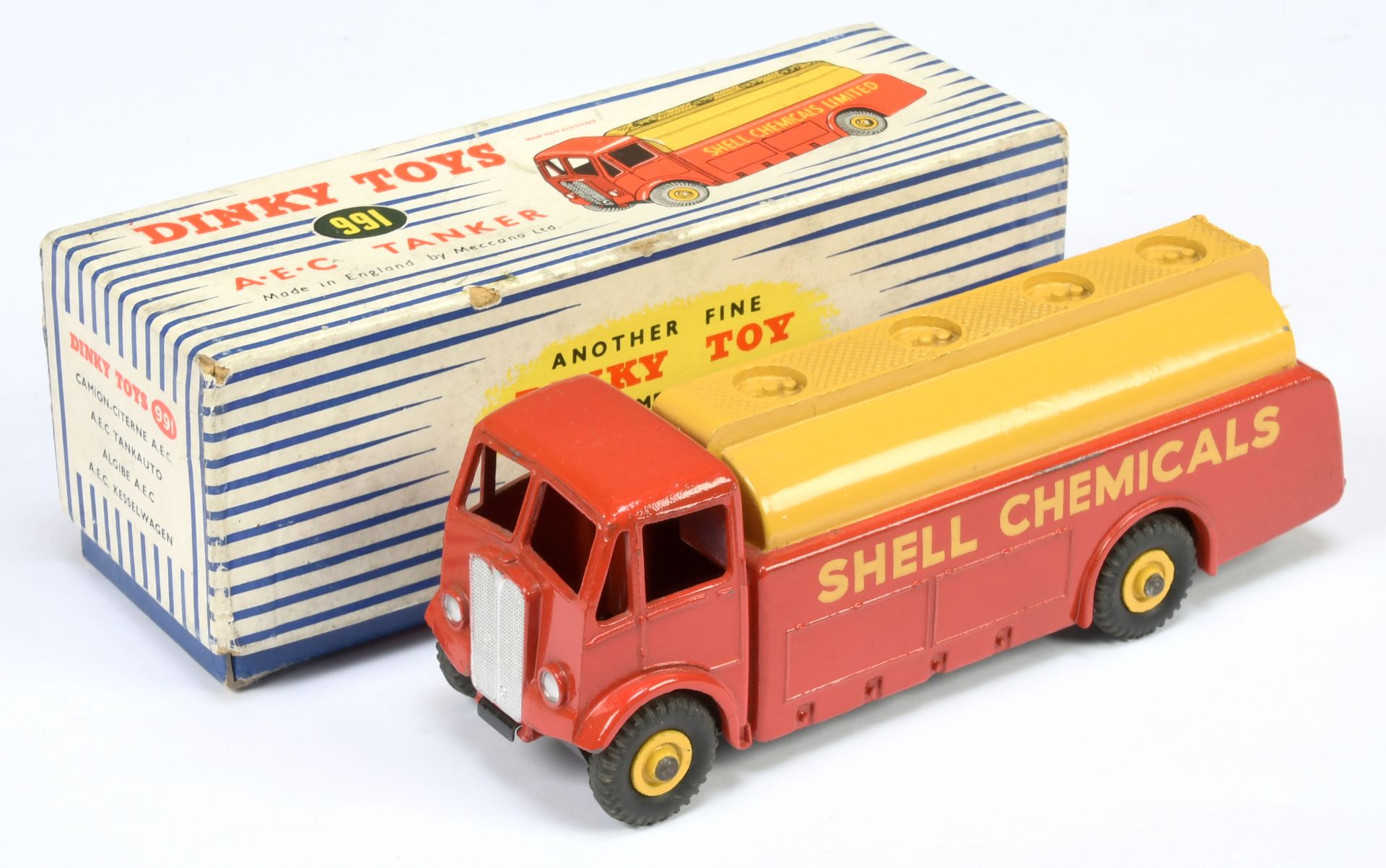 Dinky Toys 991 (591) AEC Monarch Thompson Tanker " Shell Chemicals" - Red cab and back, yellow ta...