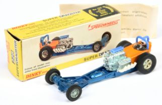 Dinky 228 Super Dragster - Metallic blue chassis, orange body, white exhausts with figure driver ...