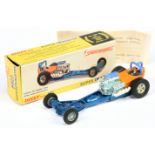 Dinky 228 Super Dragster - Metallic blue chassis, orange body, white exhausts with figure driver ...