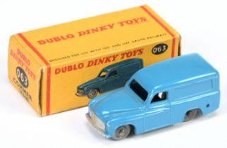 Dinky Toys Dublo 063 Commer Van - Mid-blue body, Smooth grey plastic wheels, silver trim 
