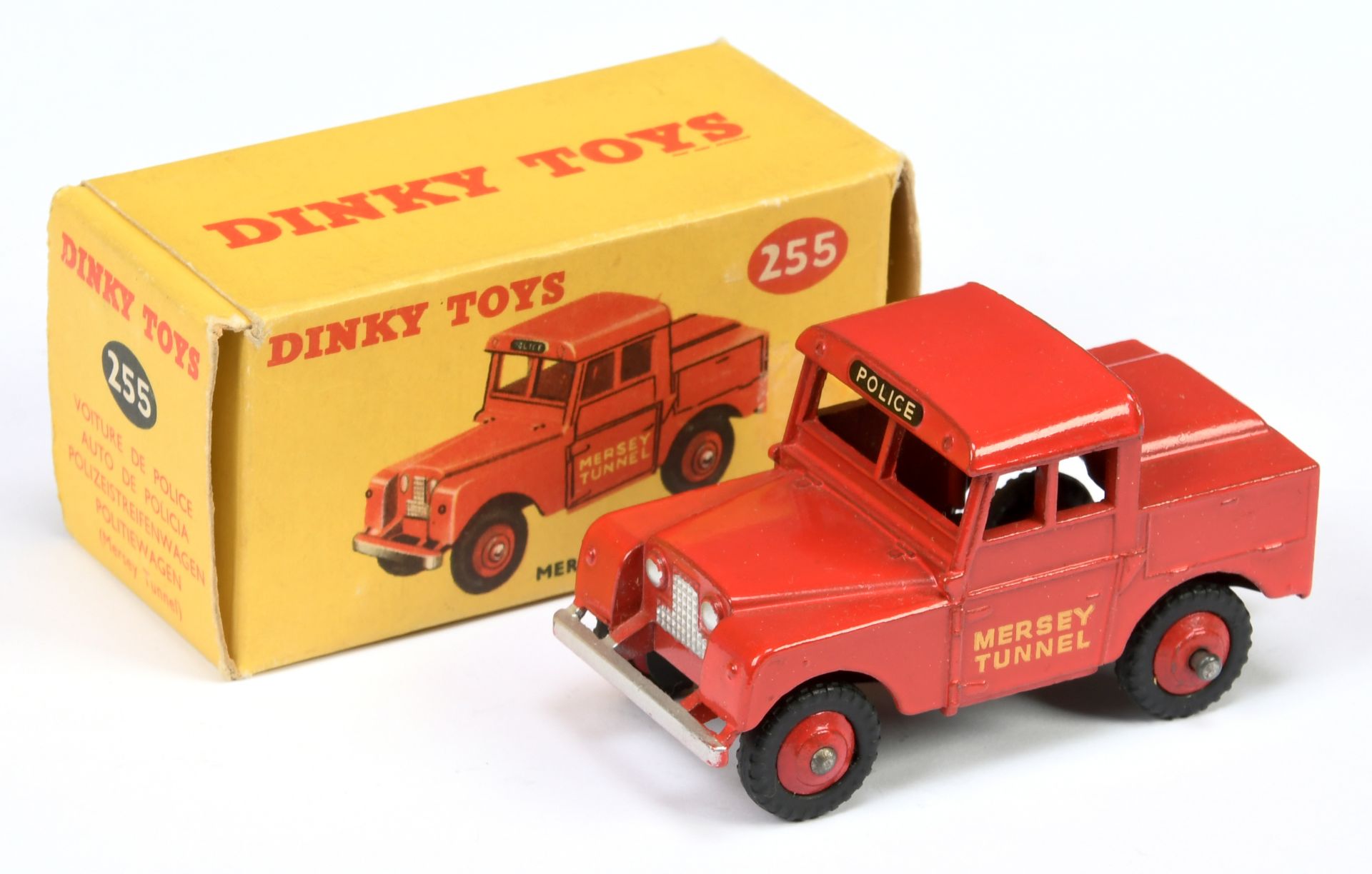 Dinky Toys 255 Land Rover "Mersey Tunnel Police" - Red body and rigid hubs with treaded tyres, si...